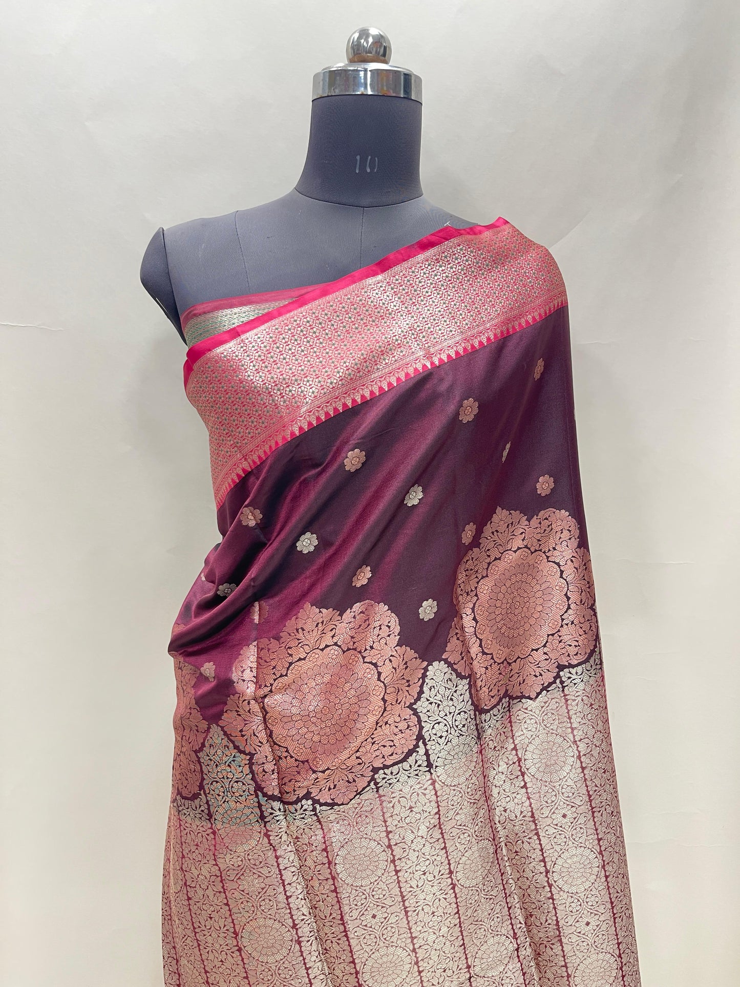 Faishana Presents Burgundy Floral Copper Zari Boota with Contrast Green Pallu Banarasi Zari Border with Green Multi Stripe Blouse