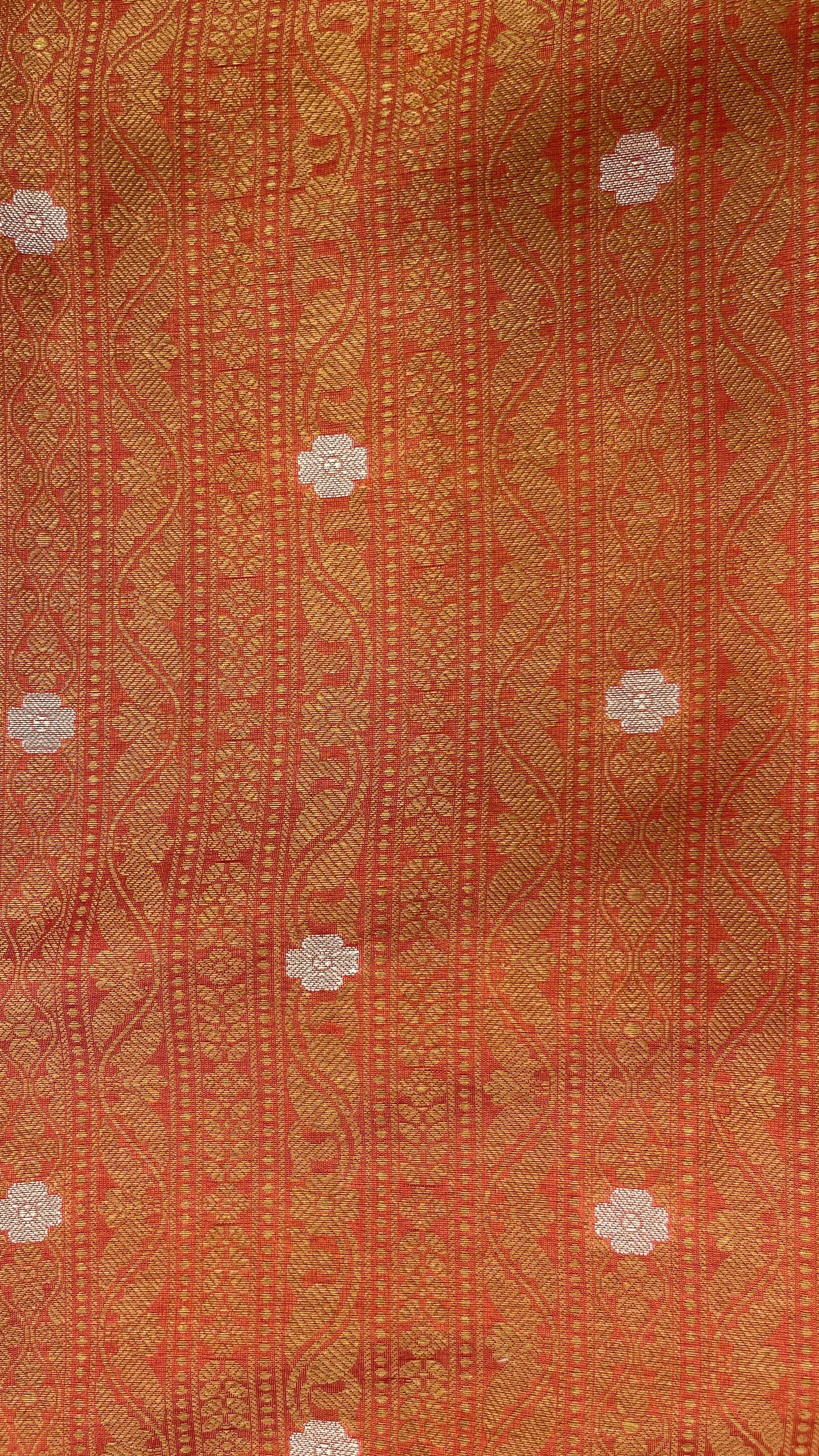 Faishana Presents Orange Floral Mina Zari Stripe and Dual Skirt Copper and Silver Boota with Contrast Beige Pallu Blue Zari Border and Blue Blouse