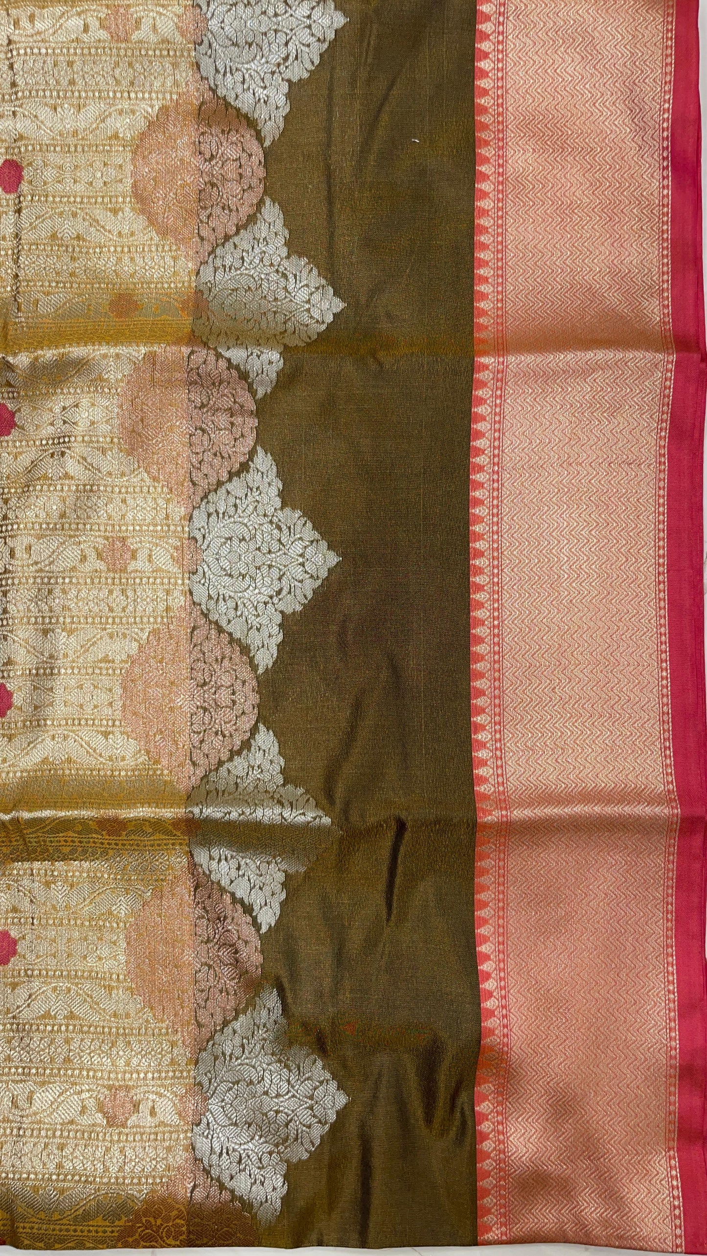 Faishana Presents Olive Green Floral Mina Zari Stripe and Dual Skirt Copper and Silver Boota with Contrast Green Pallu Banarasi Zari Border and Green Blouse