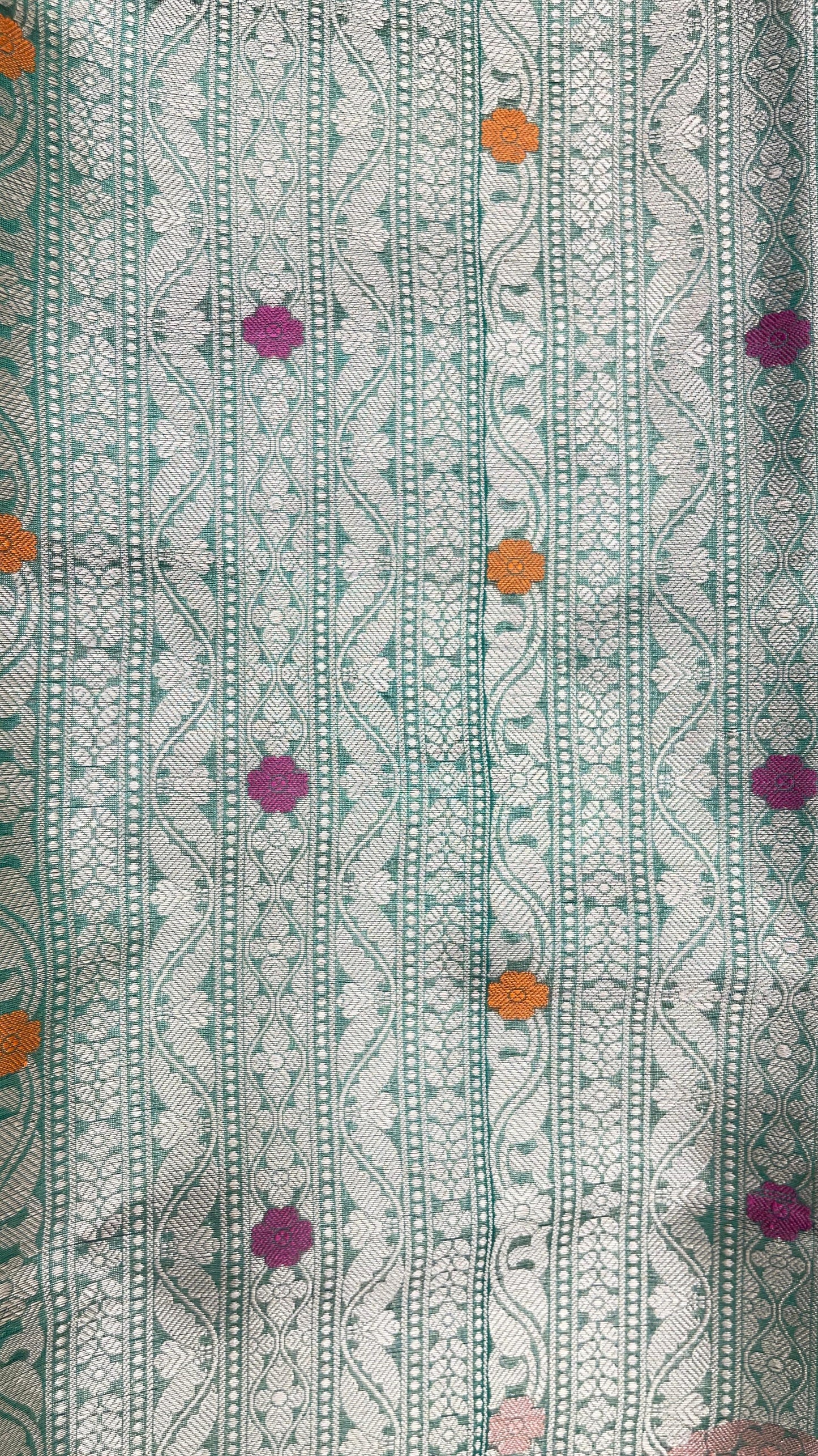Faishana Presents Green Floral Mina Zari Stripe and Dual Skirt Copper and Silver Boota with Contrast Beige Pallu Banarasi Zari Border and Blue Blouse