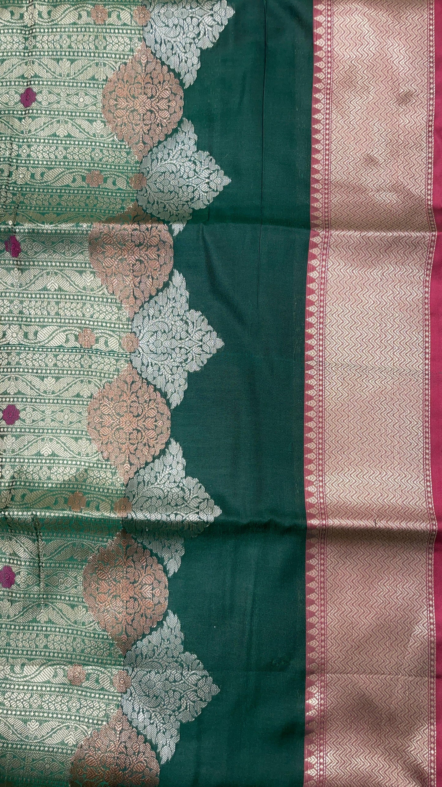 Faishana Presents Green Floral Mina Zari Stripe and Dual Skirt Copper and Silver Boota with Contrast Beige Pallu Banarasi Zari Border and Blue Blouse