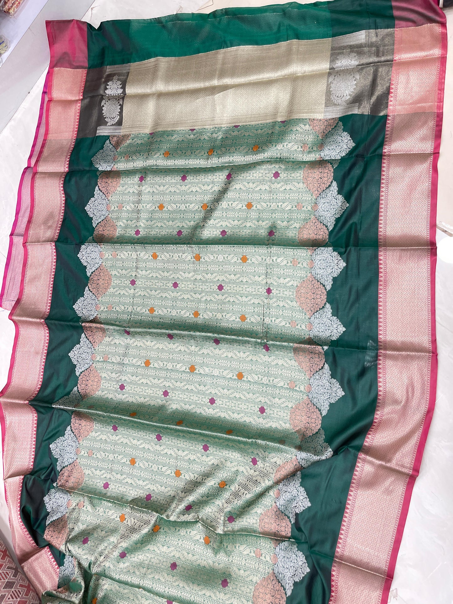 Faishana Presents Green Floral Mina Zari Stripe and Dual Skirt Copper and Silver Boota with Contrast Beige Pallu Banarasi Zari Border and Blue Blouse