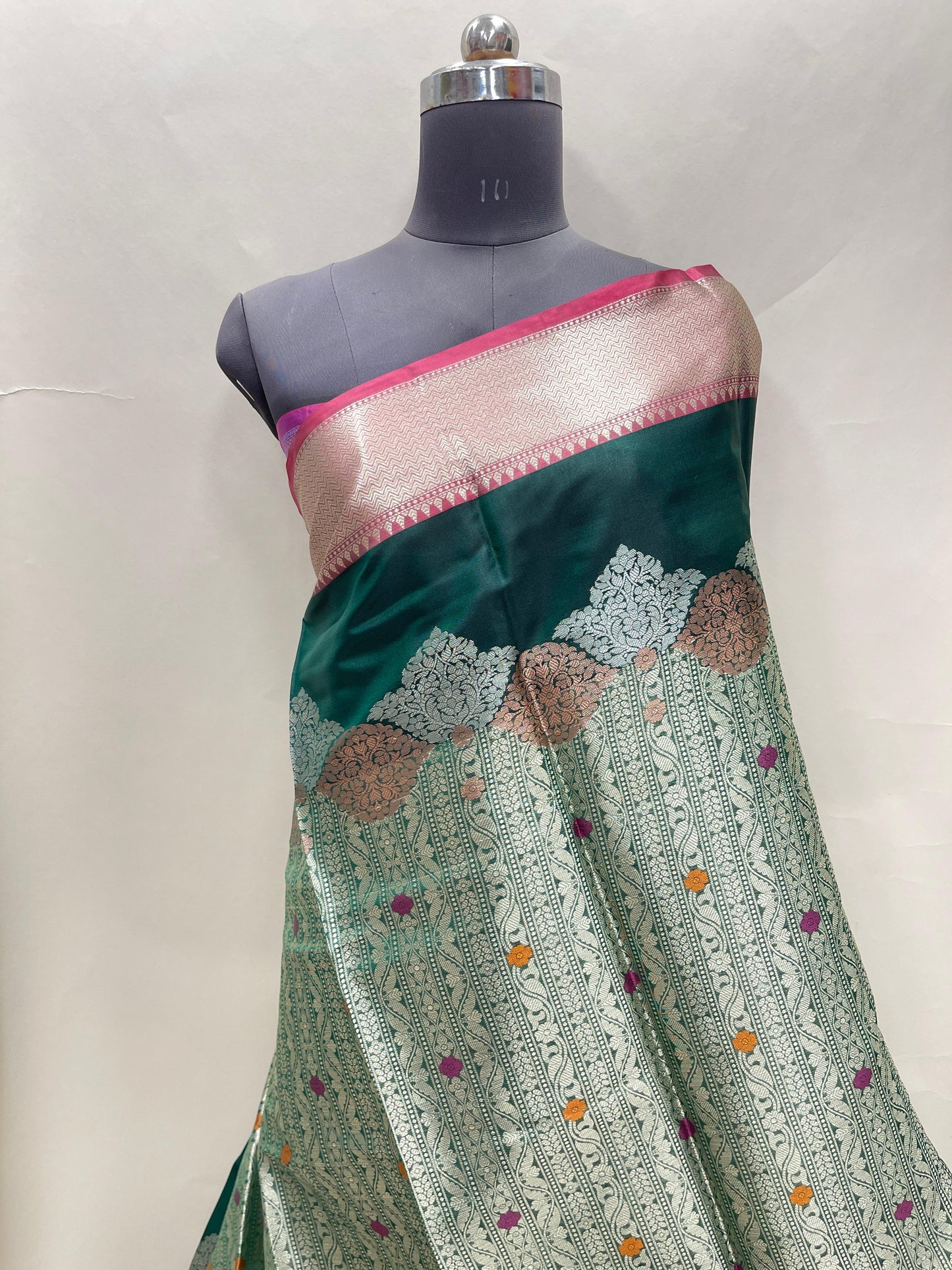 Faishana Presents Green Floral Mina Zari Stripe and Dual Skirt Copper and Silver Boota with Contrast Beige Pallu Banarasi Zari Border and Blue Blouse