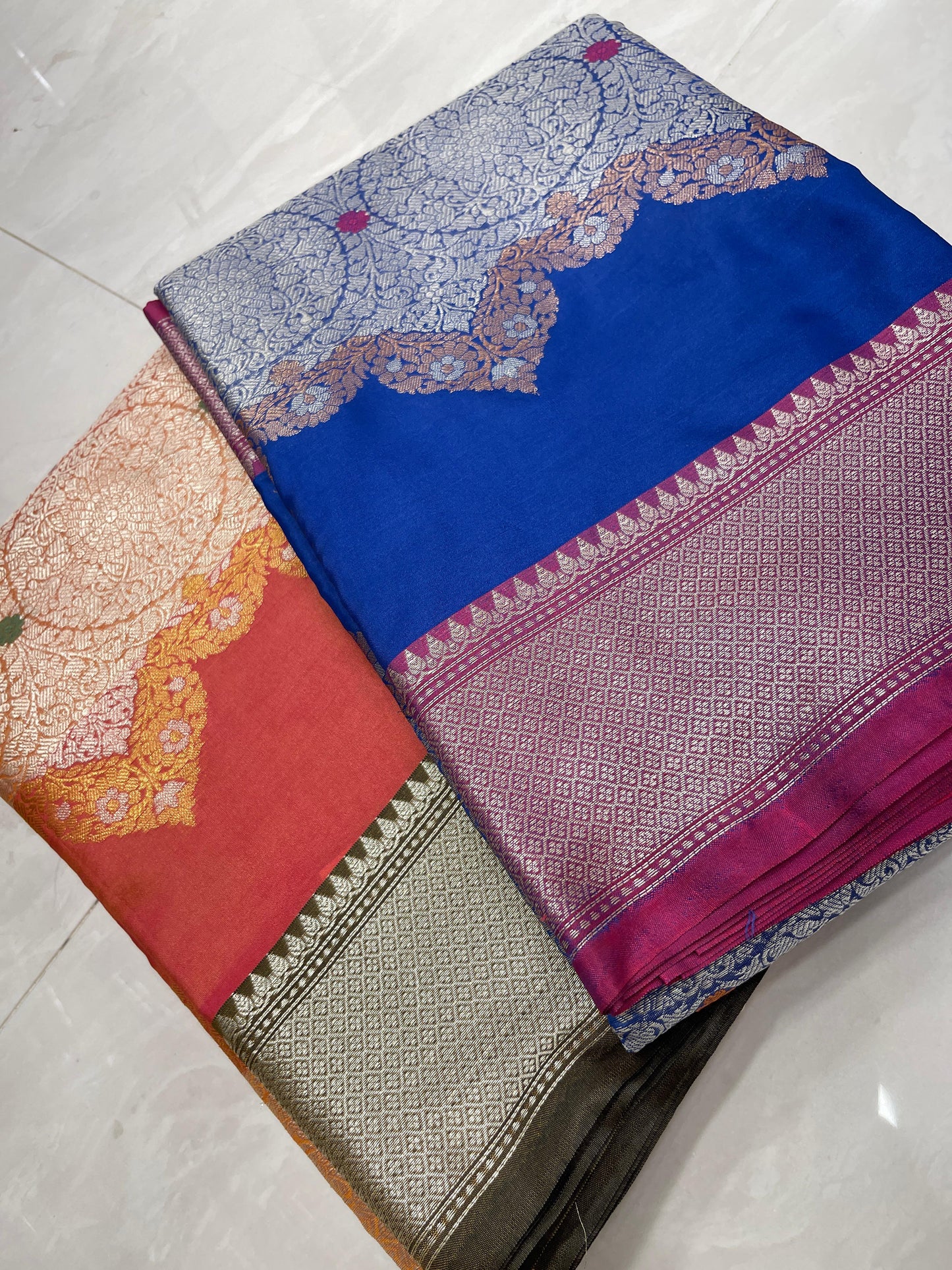 Faishana Presents Green Floral Mina Zari Stripe and Dual Skirt Copper and Silver Boota with Contrast Beige Pallu Banarasi Zari Border and Blue Blouse