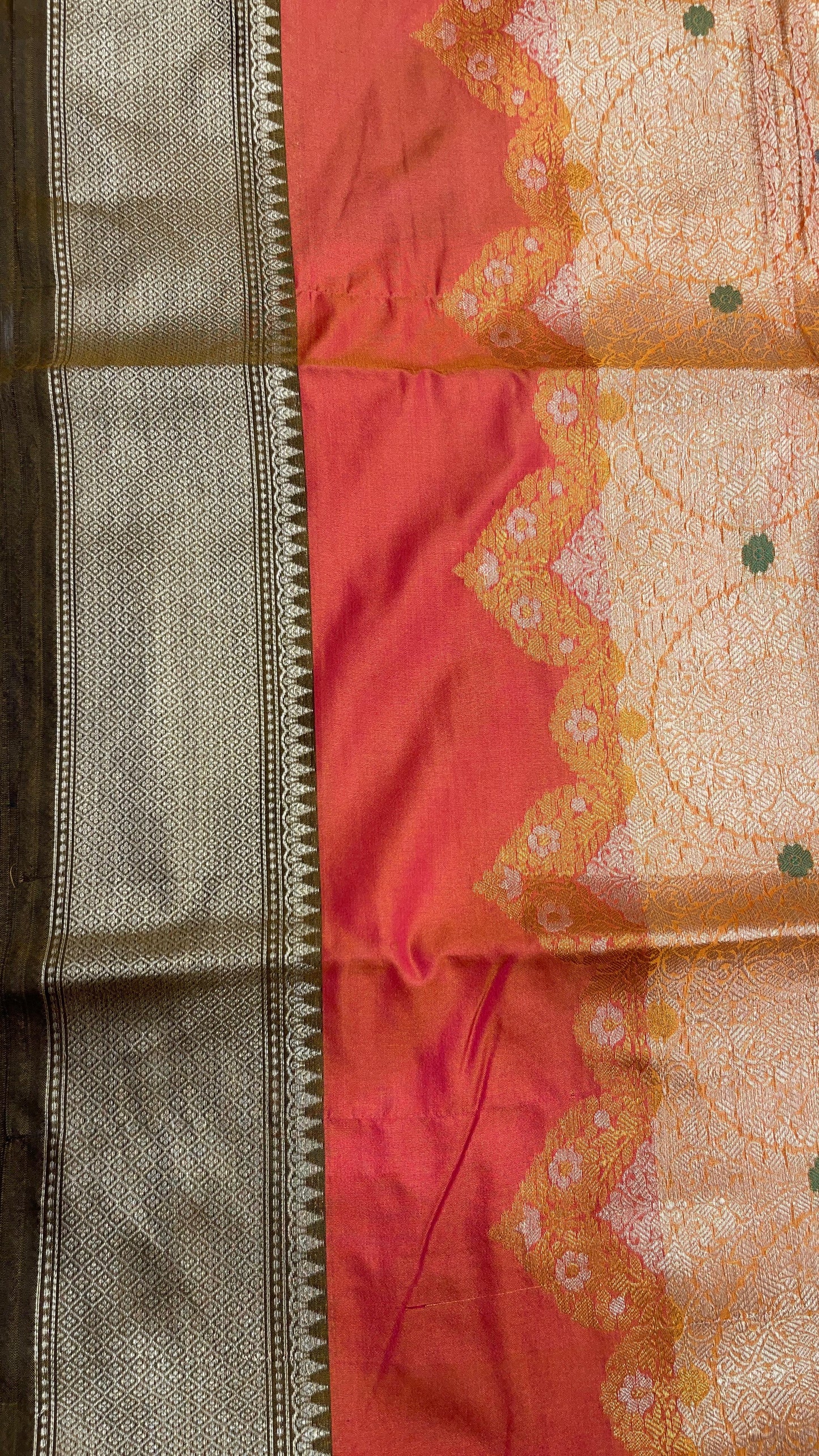 Faishana Presents Orange Golden Zari Geometrical Mina Booti with Contrast Magenta Pallu Banarasi Zari Border and Magenta Blouse
