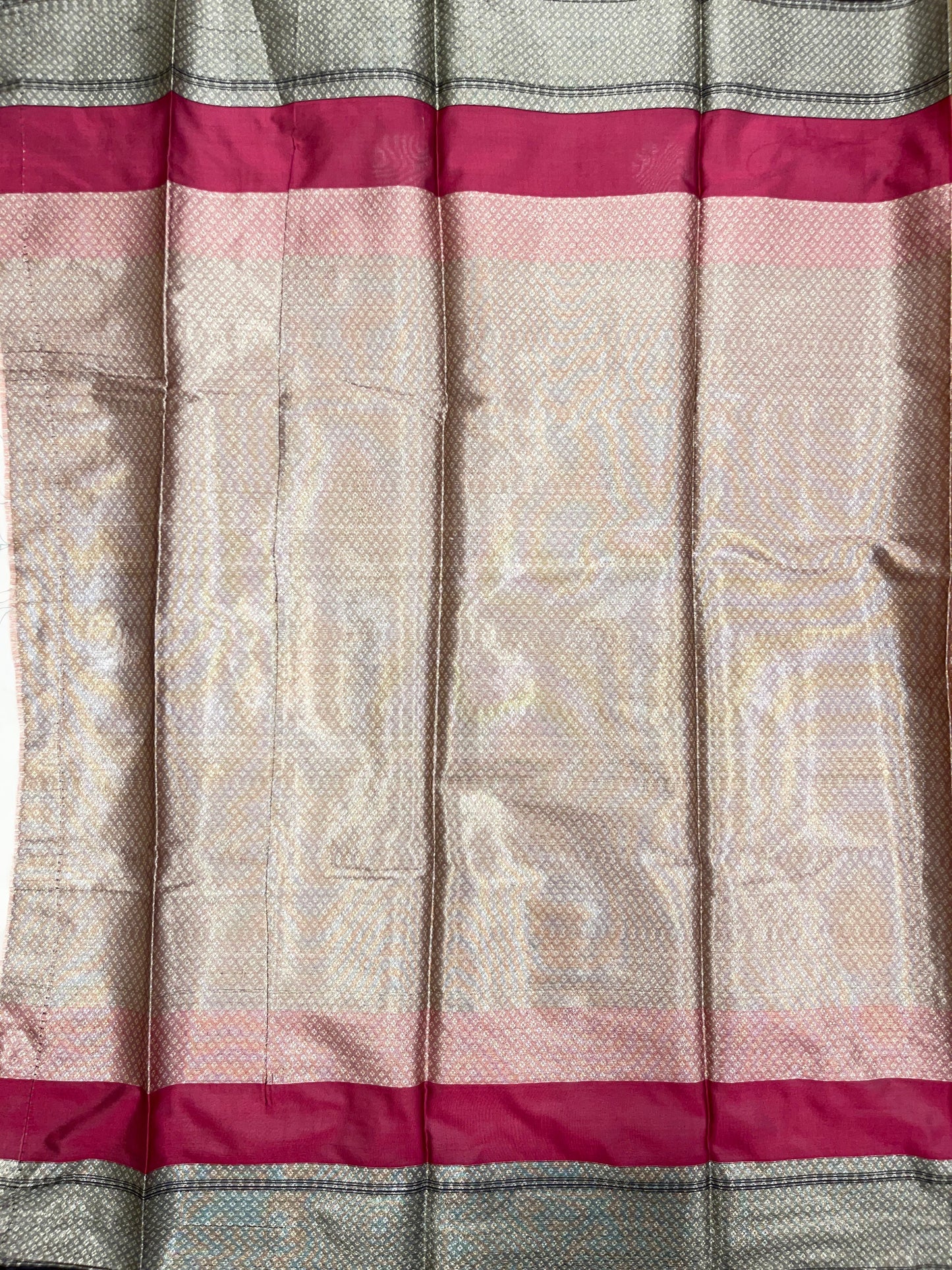 Faishana Presents Orange Golden Zari Geometrical Mina Booti with Contrast Magenta Pallu Banarasi Zari Border and Magenta Blouse