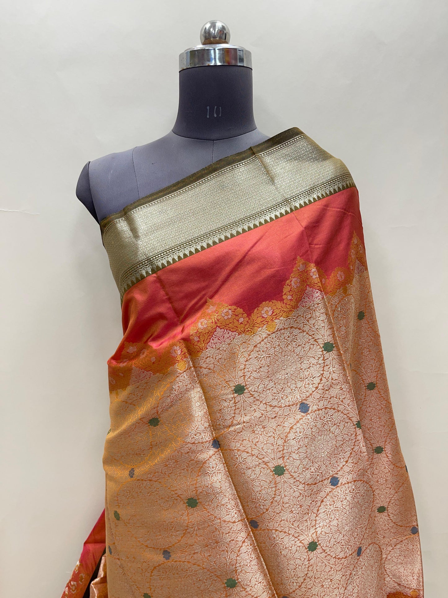 Faishana Presents Orange Golden Zari Geometrical Mina Booti with Contrast Magenta Pallu Banarasi Zari Border and Magenta Blouse