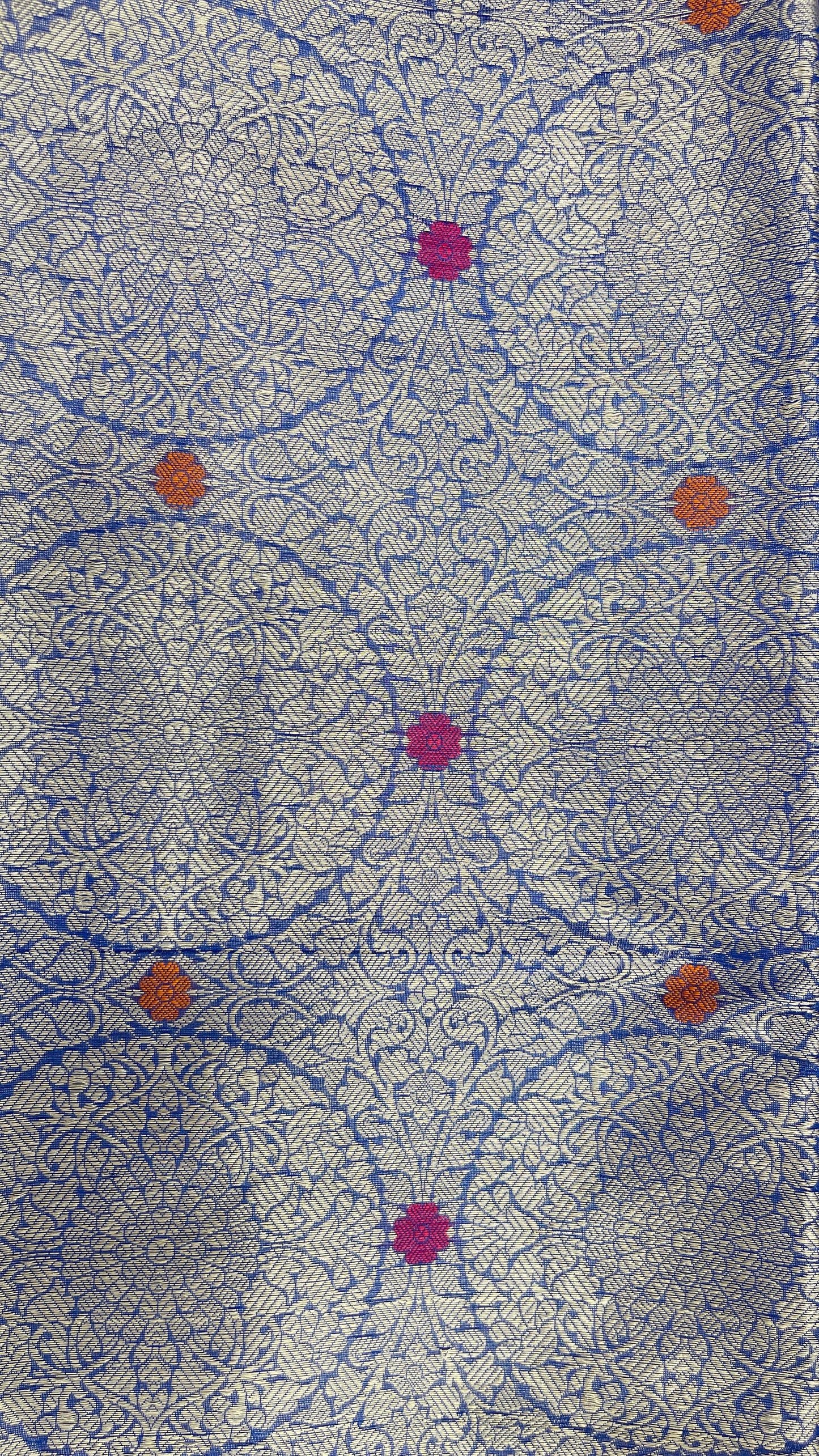Faishana Presents Royal Blue Silver Zari Geometrical Mina Booti with Contrast Magenta Pallu Banarasi Zari Border and Magenta Blouse
