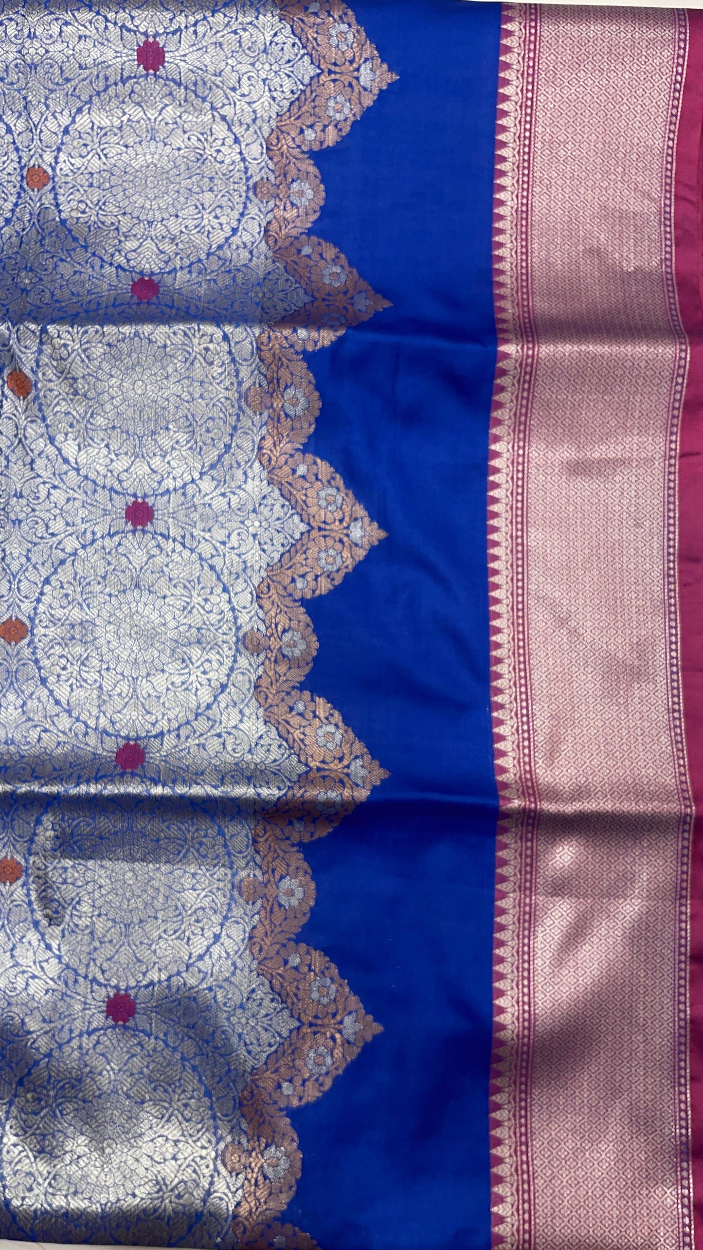 Faishana Presents Royal Blue Silver Zari Geometrical Mina Booti with Contrast Magenta Pallu Banarasi Zari Border and Magenta Blouse