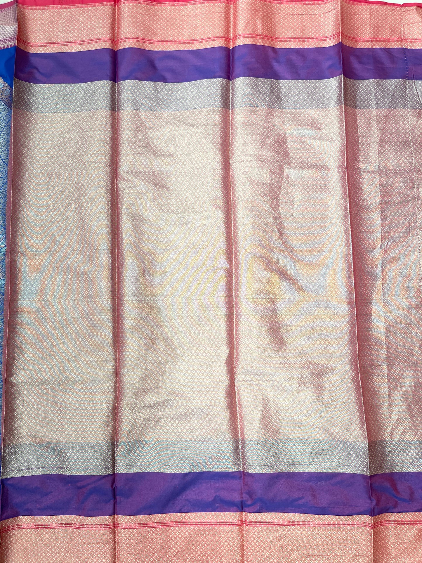Faishana Presents Royal Blue Silver Zari Geometrical Mina Booti with Contrast Magenta Pallu Banarasi Zari Border and Magenta Blouse