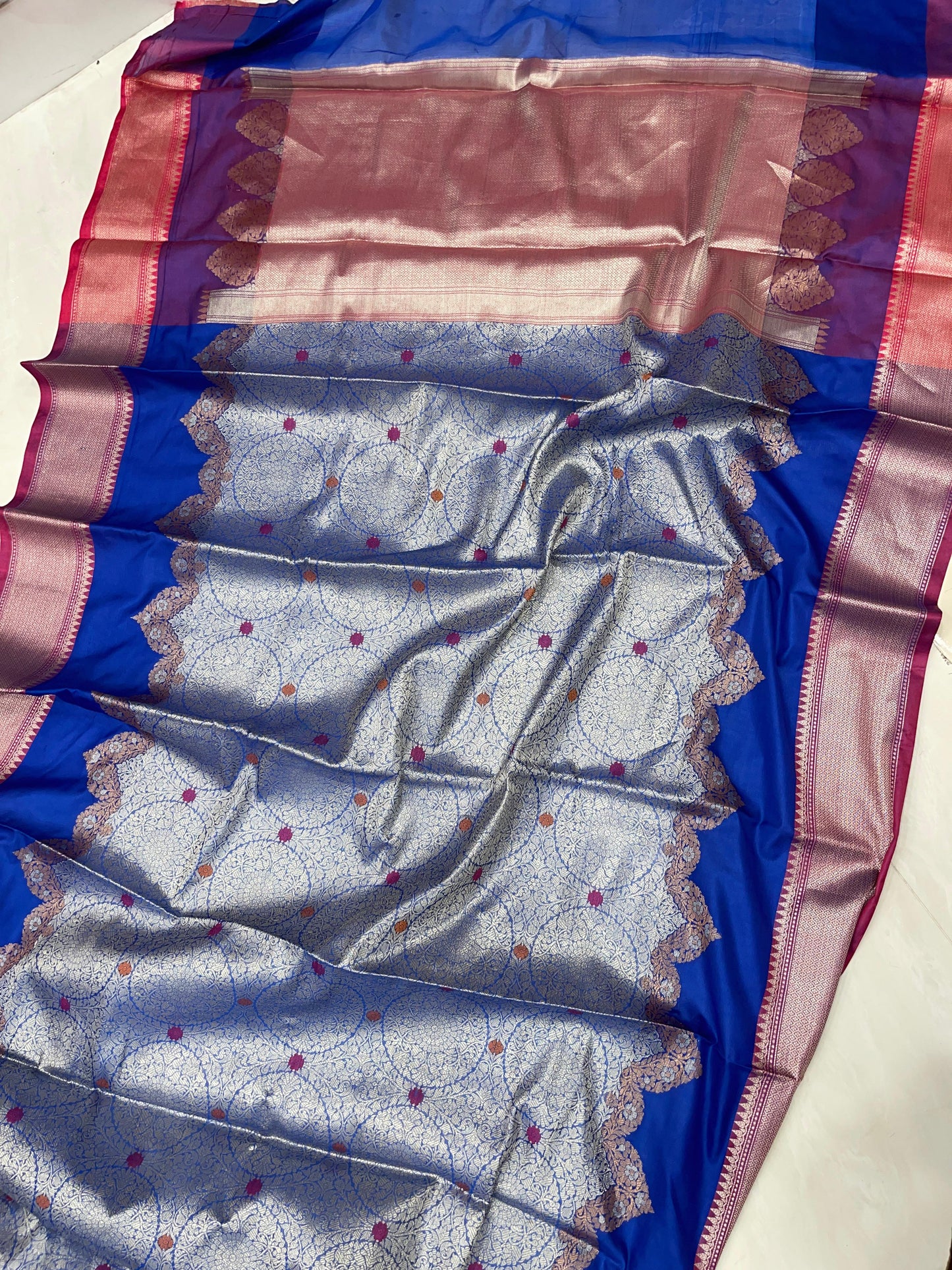 Faishana Presents Royal Blue Silver Zari Geometrical Mina Booti with Contrast Magenta Pallu Banarasi Zari Border and Magenta Blouse