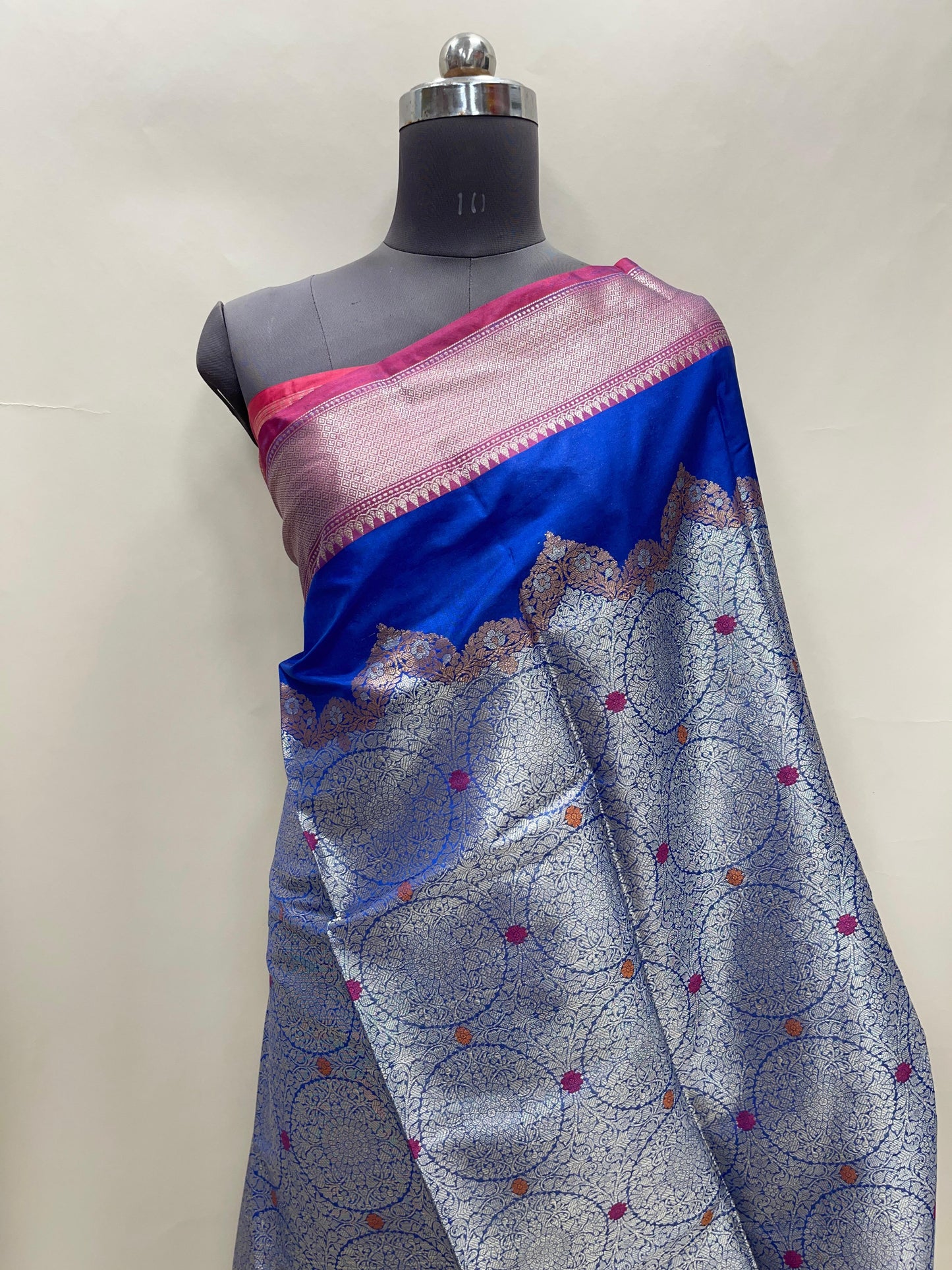 Faishana Presents Royal Blue Silver Zari Geometrical Mina Booti with Contrast Magenta Pallu Banarasi Zari Border and Magenta Blouse