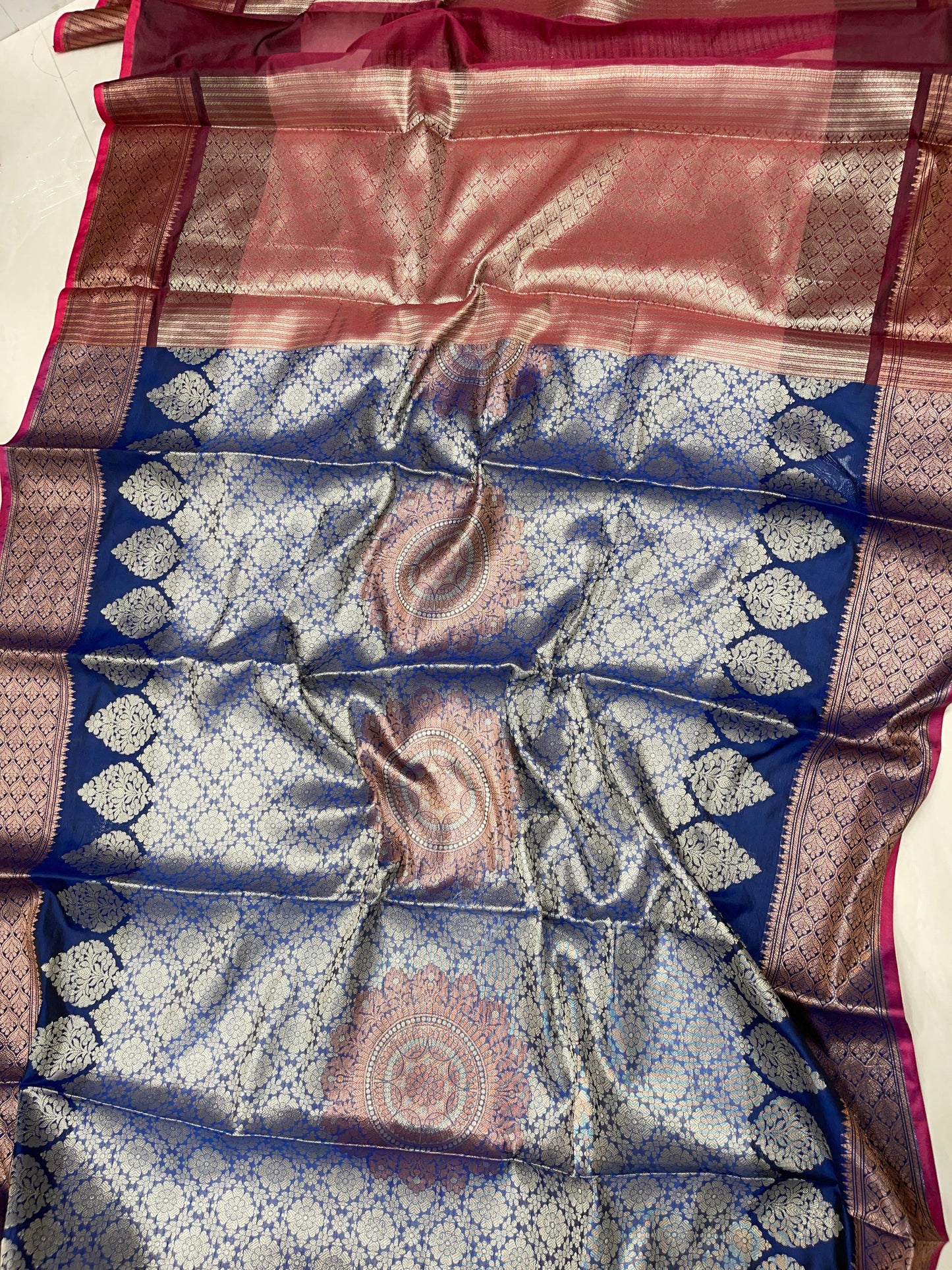 Faishana Presents Blue Art Silk Floral Zari Copper Boota Sliver Jaal and Dual Skirt Silver Zari Boota Copper Zari Border with Contrast Maroon Pallu and Maroon Blouse