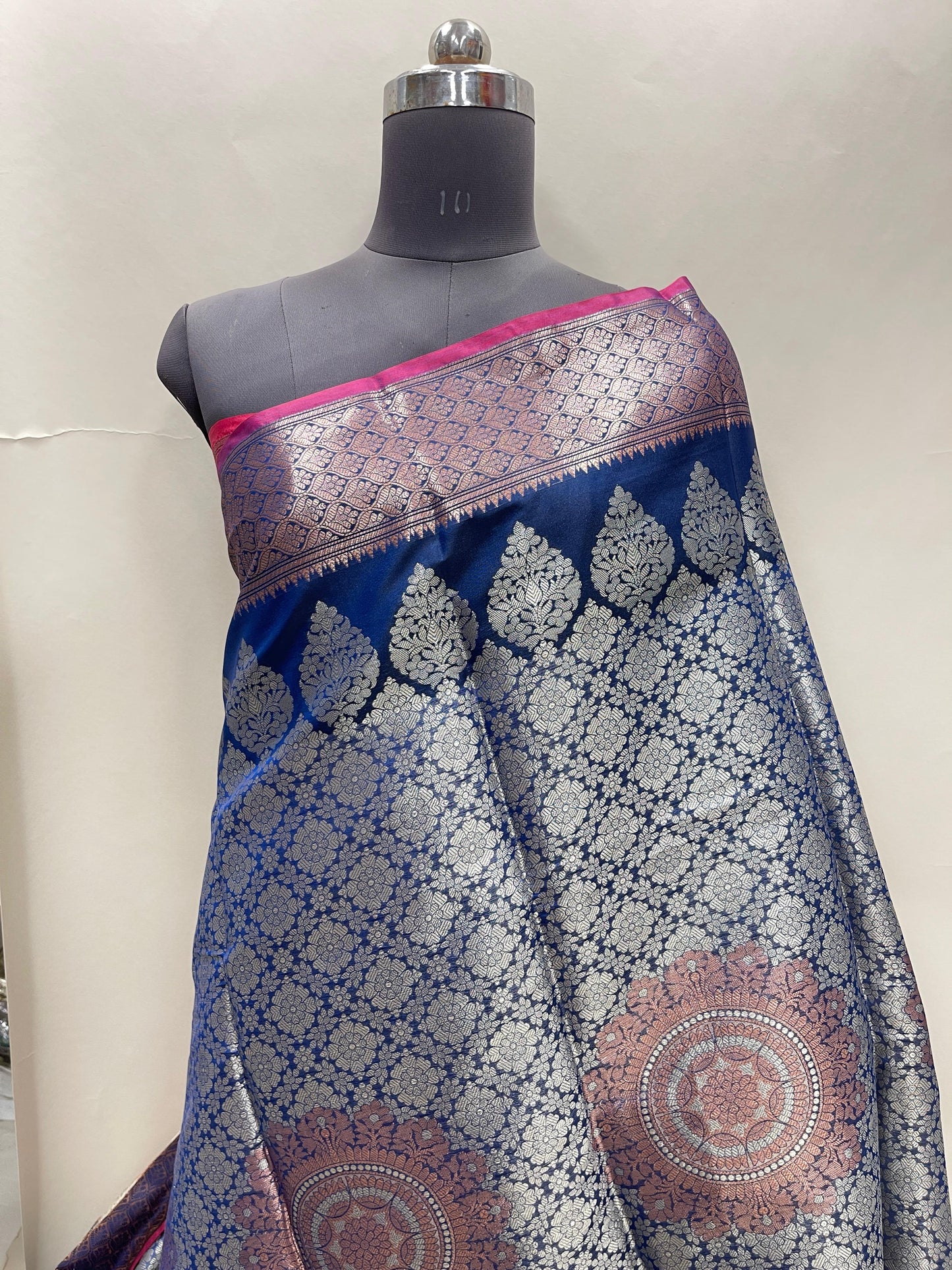 Faishana Presents Blue Art Silk Floral Zari Copper Boota Sliver Jaal and Dual Skirt Silver Zari Boota Copper Zari Border with Contrast Maroon Pallu and Maroon Blouse