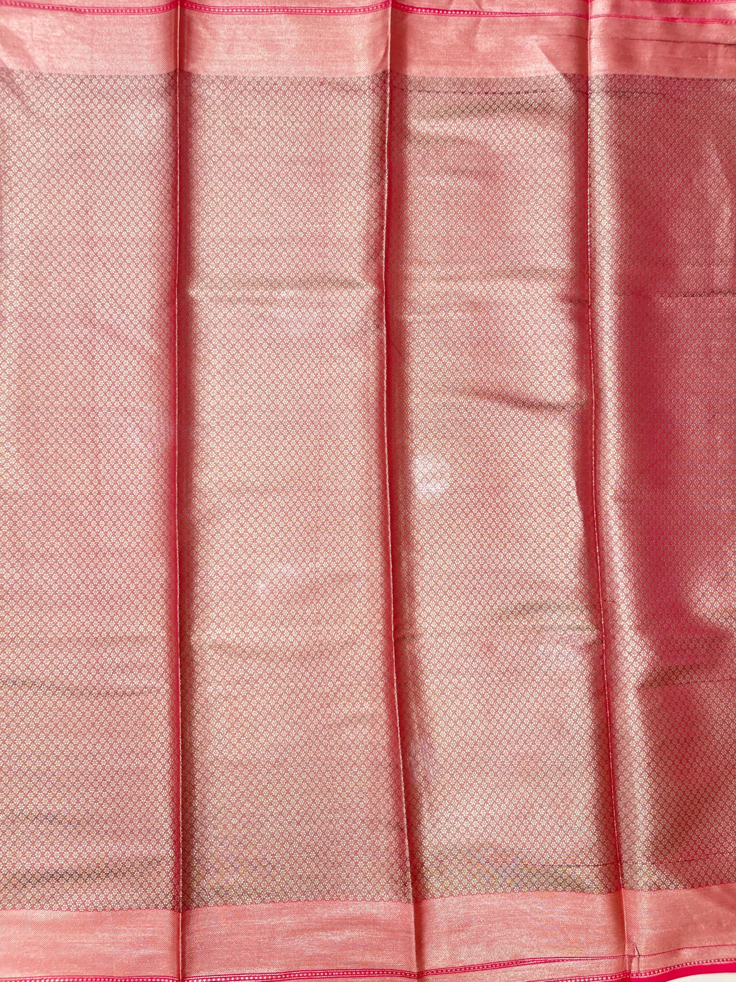 Faishana Presents Gold Art Silk Floral Tilfi Mina Zari Jaal with Contrast Pink Minakari Boota Pallu Double Mina Zari Border and Pink Blouse