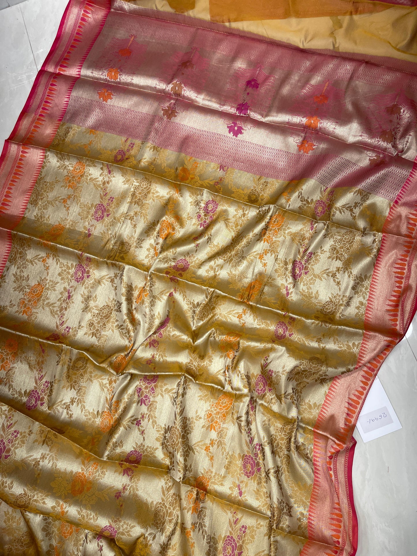 Faishana Presents Gold Art Silk Floral Tilfi Mina Zari Jaal with Contrast Pink Minakari Boota Pallu Double Mina Zari Border and Pink Blouse