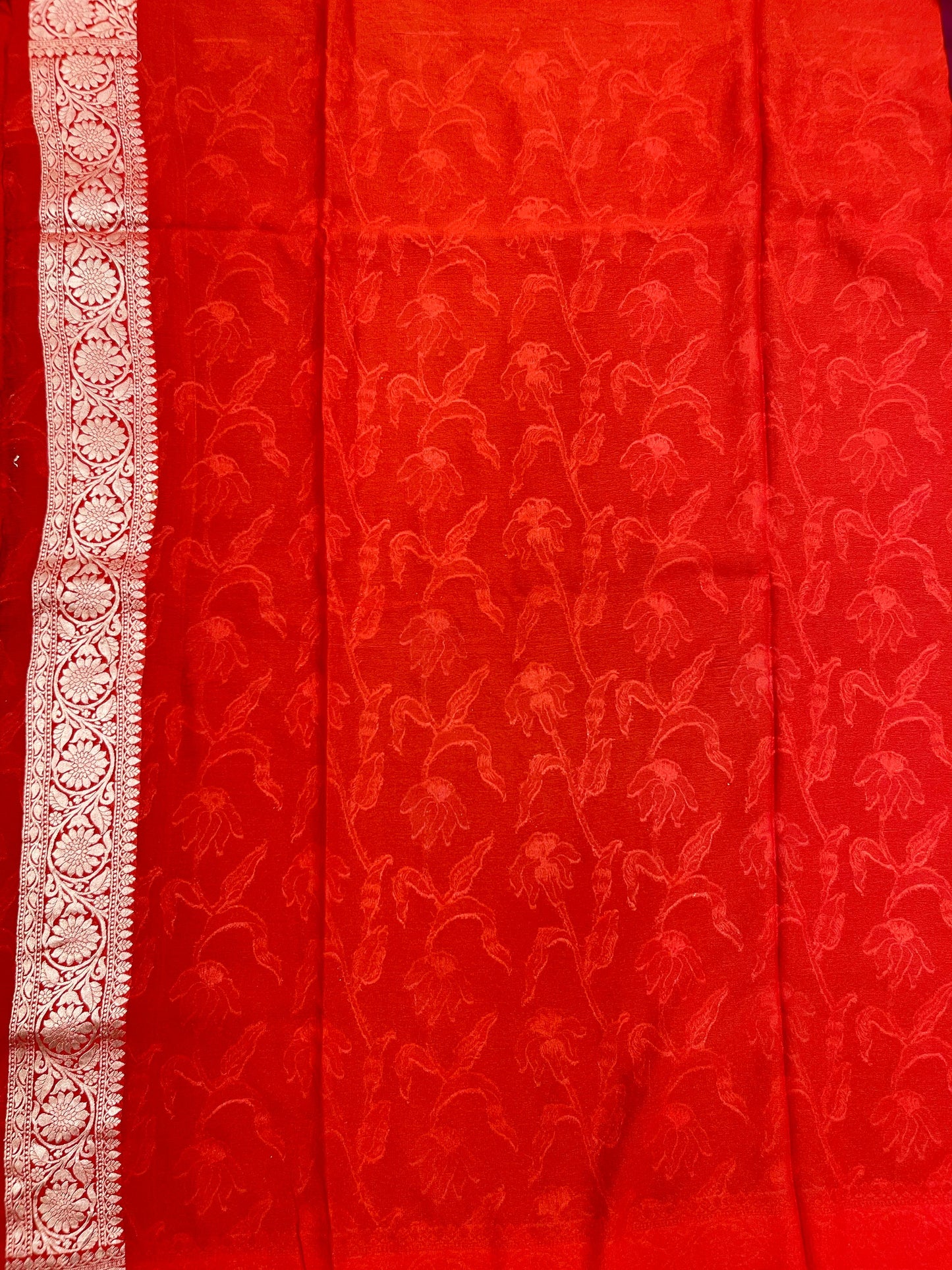 Faishana Presents Brown Tussar Silk Handpainted Floral Zari Jaal with Contrast Red Banarasi Floral Jaal Pallu Zari Border and Red Blouse