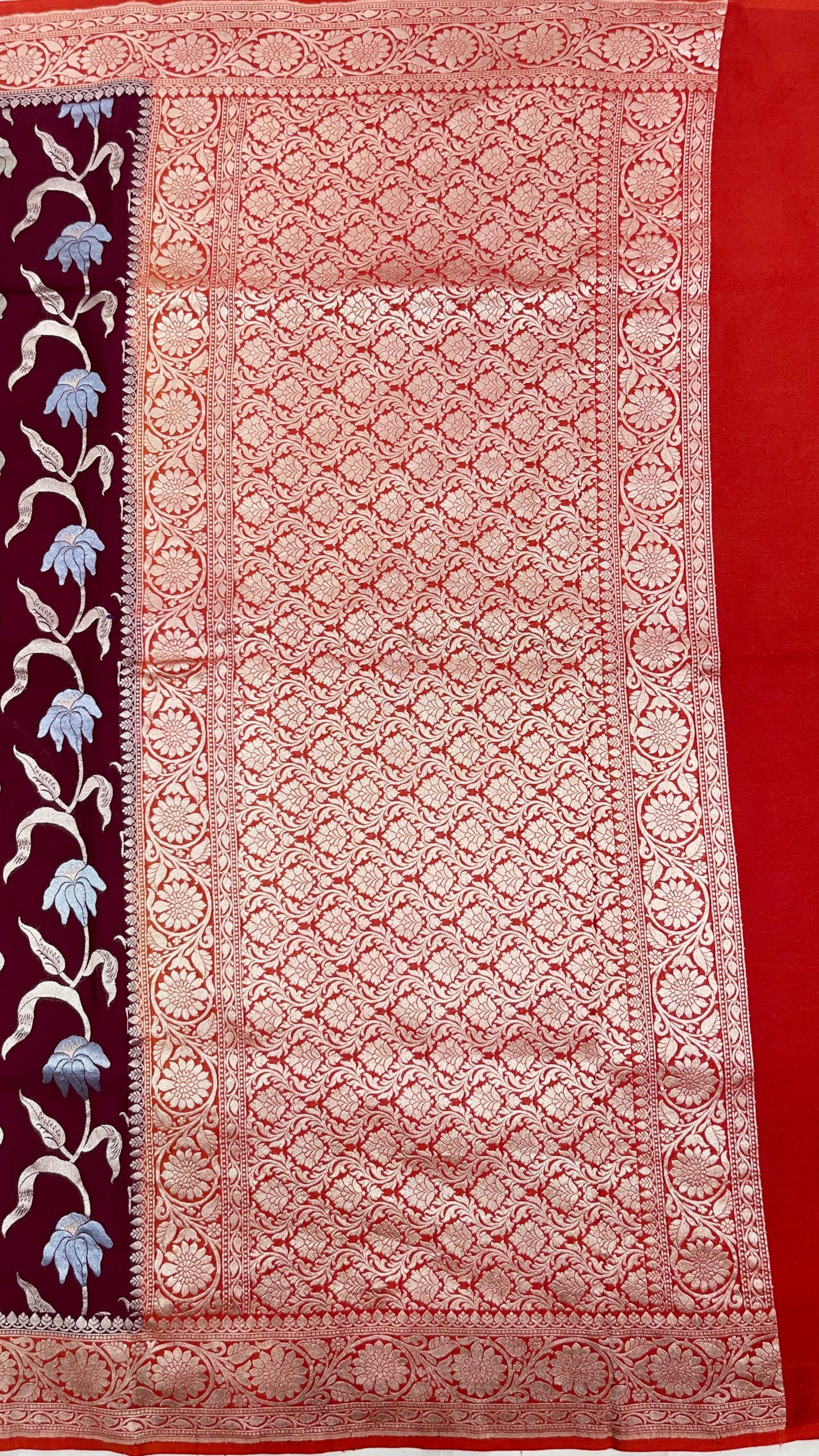 Faishana Presents Brown Tussar Silk Handpainted Floral Zari Jaal with Contrast Red Banarasi Floral Jaal Pallu Zari Border and Red Blouse