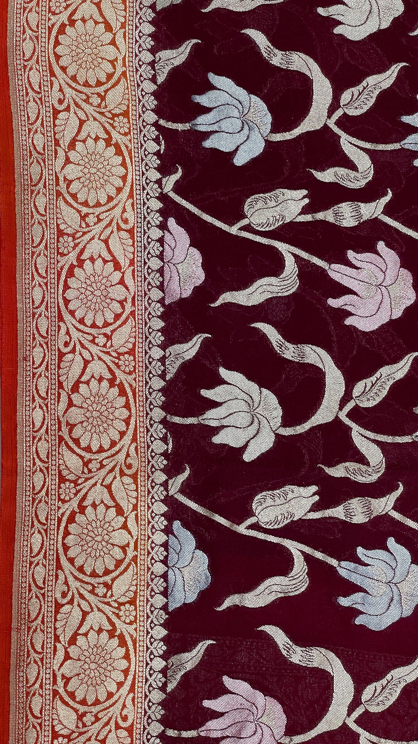 Faishana Presents Brown Tussar Silk Handpainted Floral Zari Jaal with Contrast Red Banarasi Floral Jaal Pallu Zari Border and Red Blouse