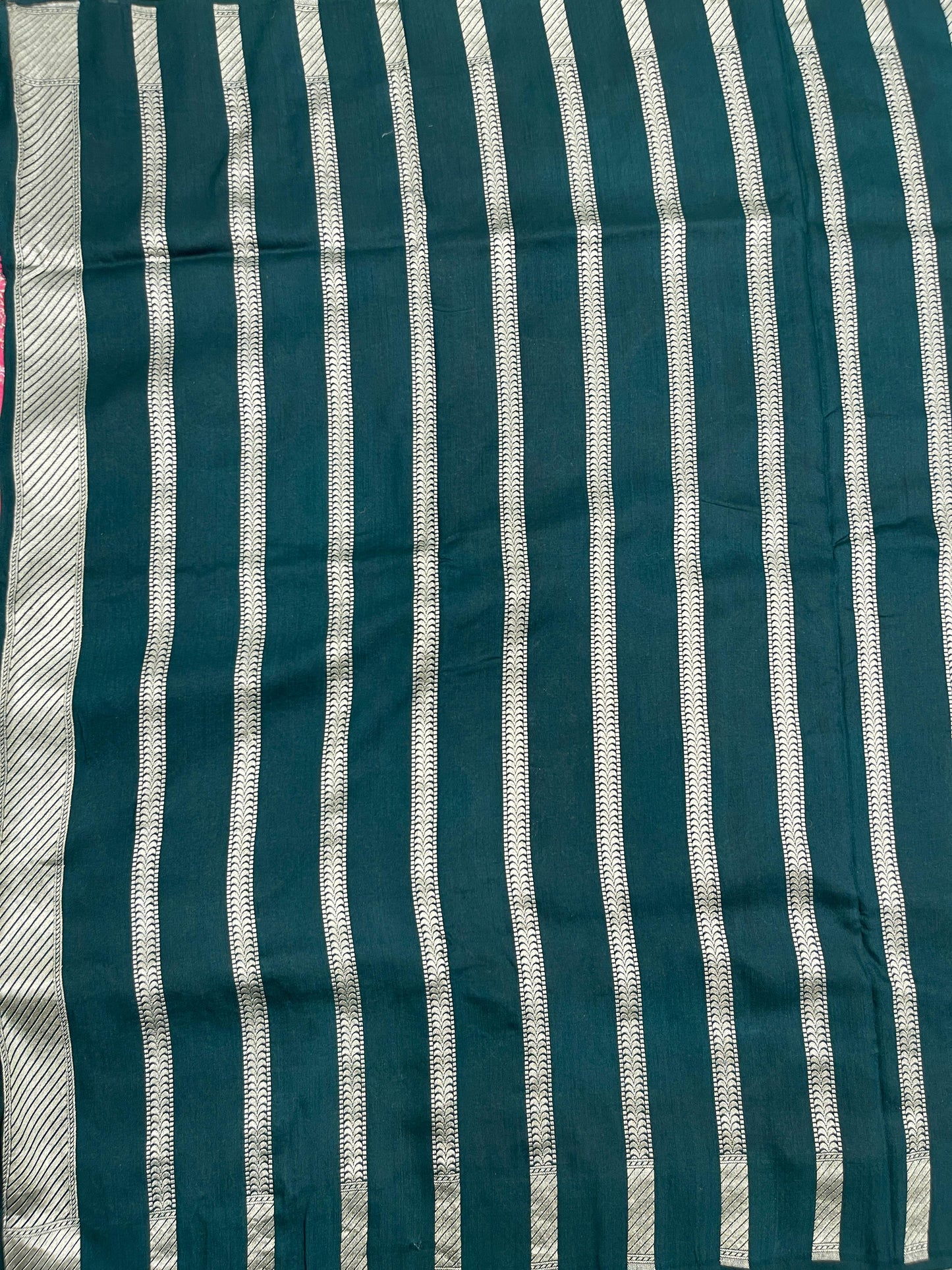 Faishana Presents Pink Tussar Silk Sona Rupa Floral Zari Rangkaat Boota with Contarst Dark Green Ada Stripe Banarasi Pallu Zari Border and Dark Green Blouse