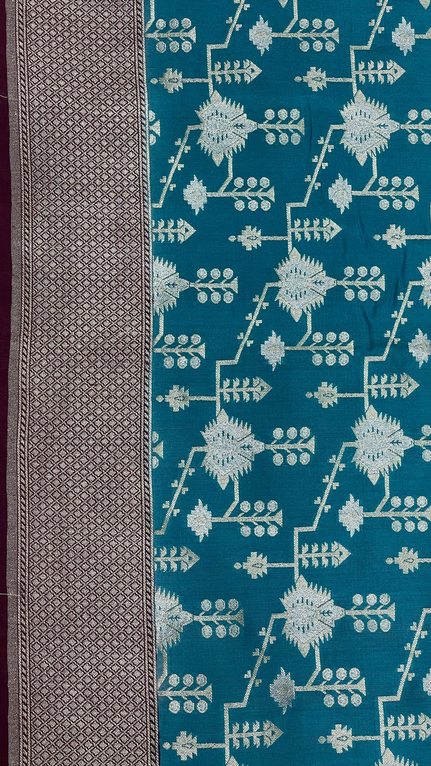 Faishana Presents Sea Green Tussar Silk Floral Silver Minakari Stripe Jaal with Contrast Brown Banarasi Pallu Zari Border and Brown Blouse