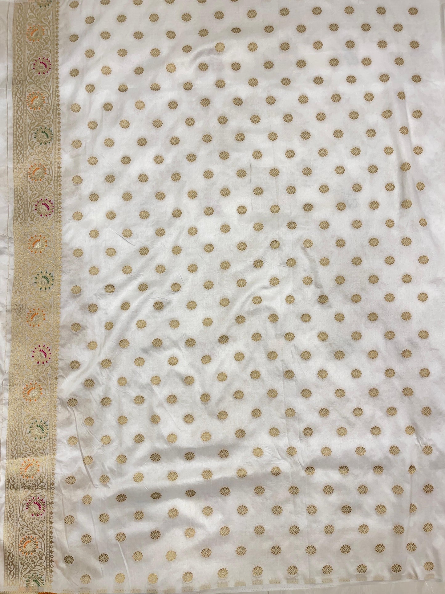 Faishana Presents White Dupion Silk Floral Mina Zari Jaal with Paithani Mina Zari Pallu Zari Border and White Blouse
