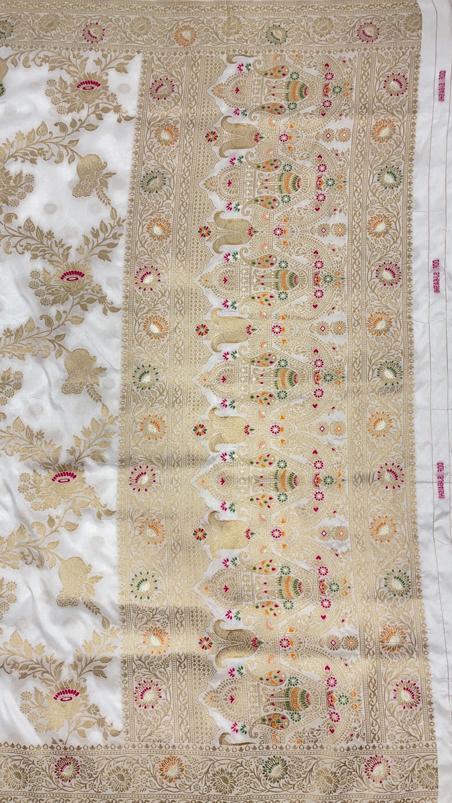 Faishana Presents White Dupion Silk Floral Mina Zari Jaal with Paithani Mina Zari Pallu Zari Border and White Blouse