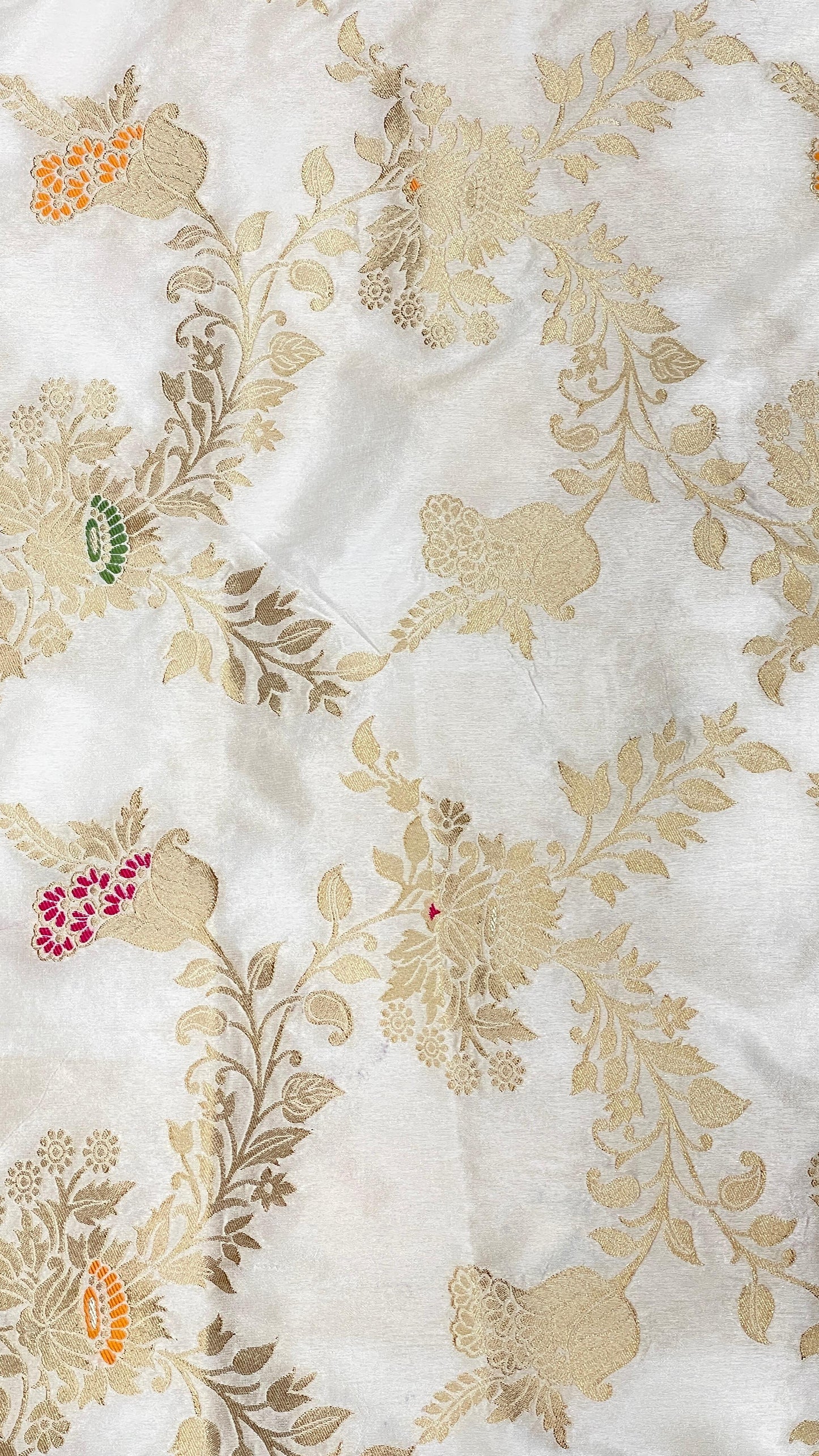 Faishana Presents White Dupion Silk Floral Mina Zari Jaal with Paithani Mina Zari Pallu Zari Border and White Blouse