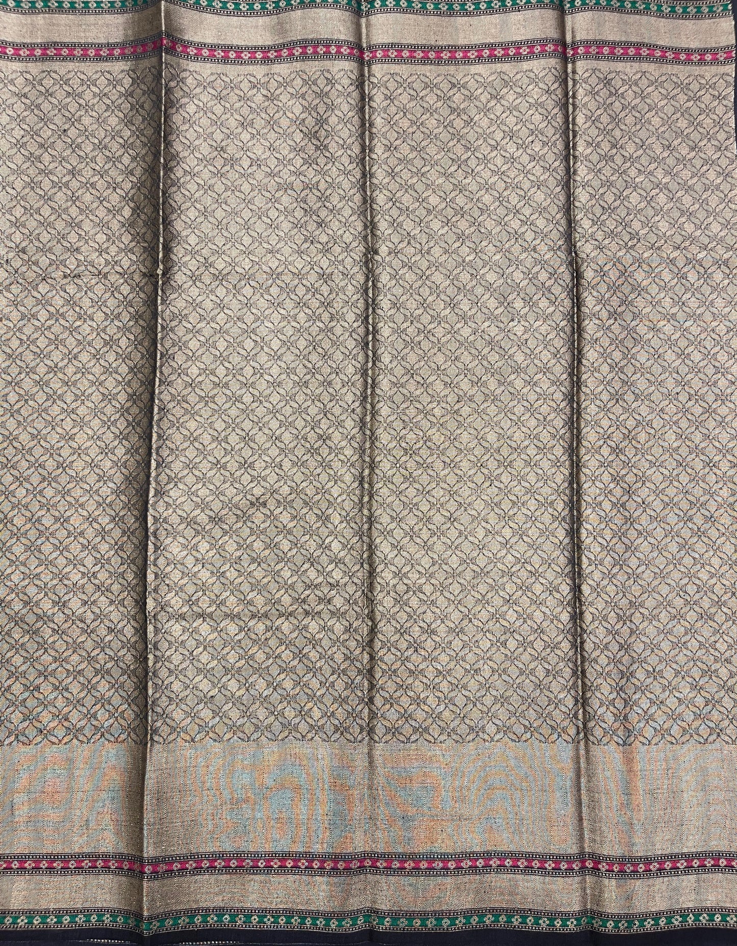Faishana Pure Handloom Off white Munga Silk Floral Zari Booti Contrast Black Mina Zari Border with Paisley Black Pallu and Black Blouse