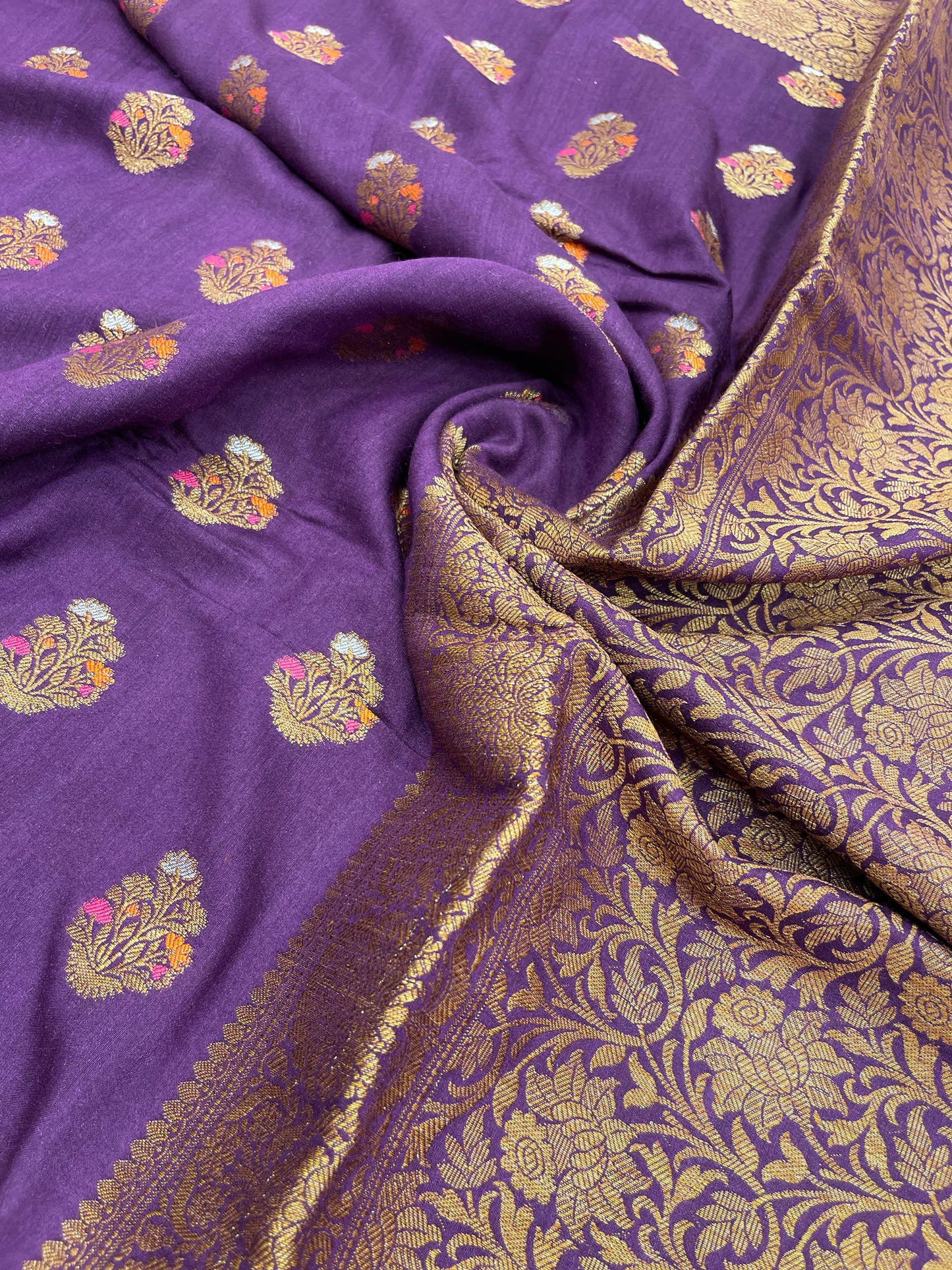 Faishana Pure Handloom Purple Munga Silk Floral Copper Zari Minakari Booti and Floral Zari Jaal Banarasi Pallu Zari Border and Purple Blouse