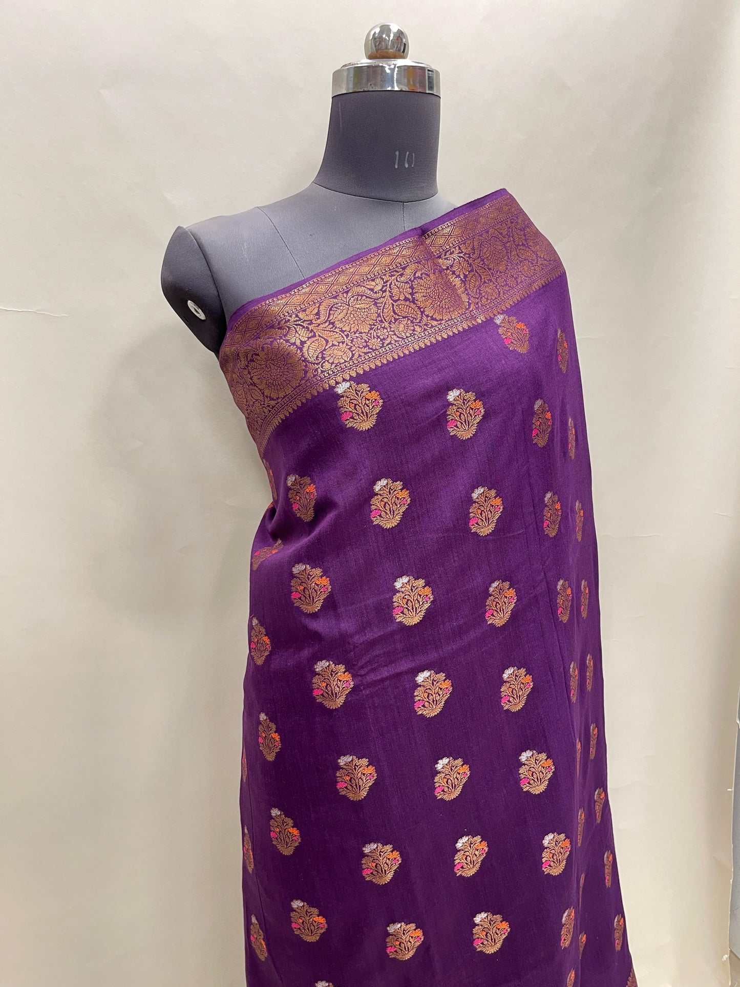 Faishana Pure Handloom Purple Munga Silk Floral Copper Zari Minakari Booti and Floral Zari Jaal Banarasi Pallu Zari Border and Purple Blouse