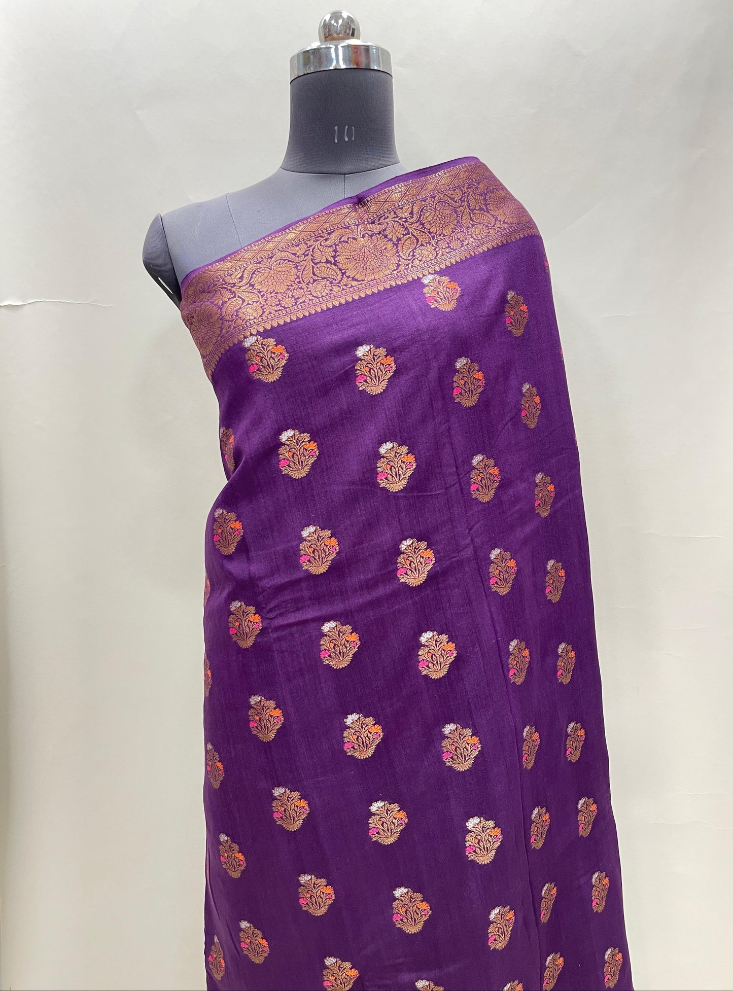 Faishana Pure Handloom Purple Munga Silk Floral Copper Zari Minakari Booti and Floral Zari Jaal Banarasi Pallu Zari Border and Purple Blouse