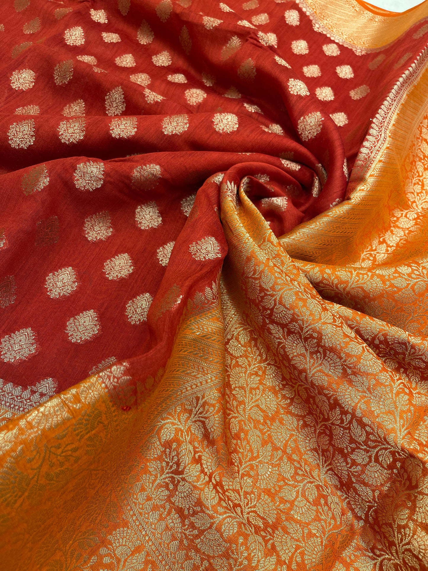 Faishana Pure Handloom Red Munga Silk Floral Gold Zari Booti with Contrast Orange Floral Jaal Pallu Skirt Dual Shade Zari Border with Orange Blouse