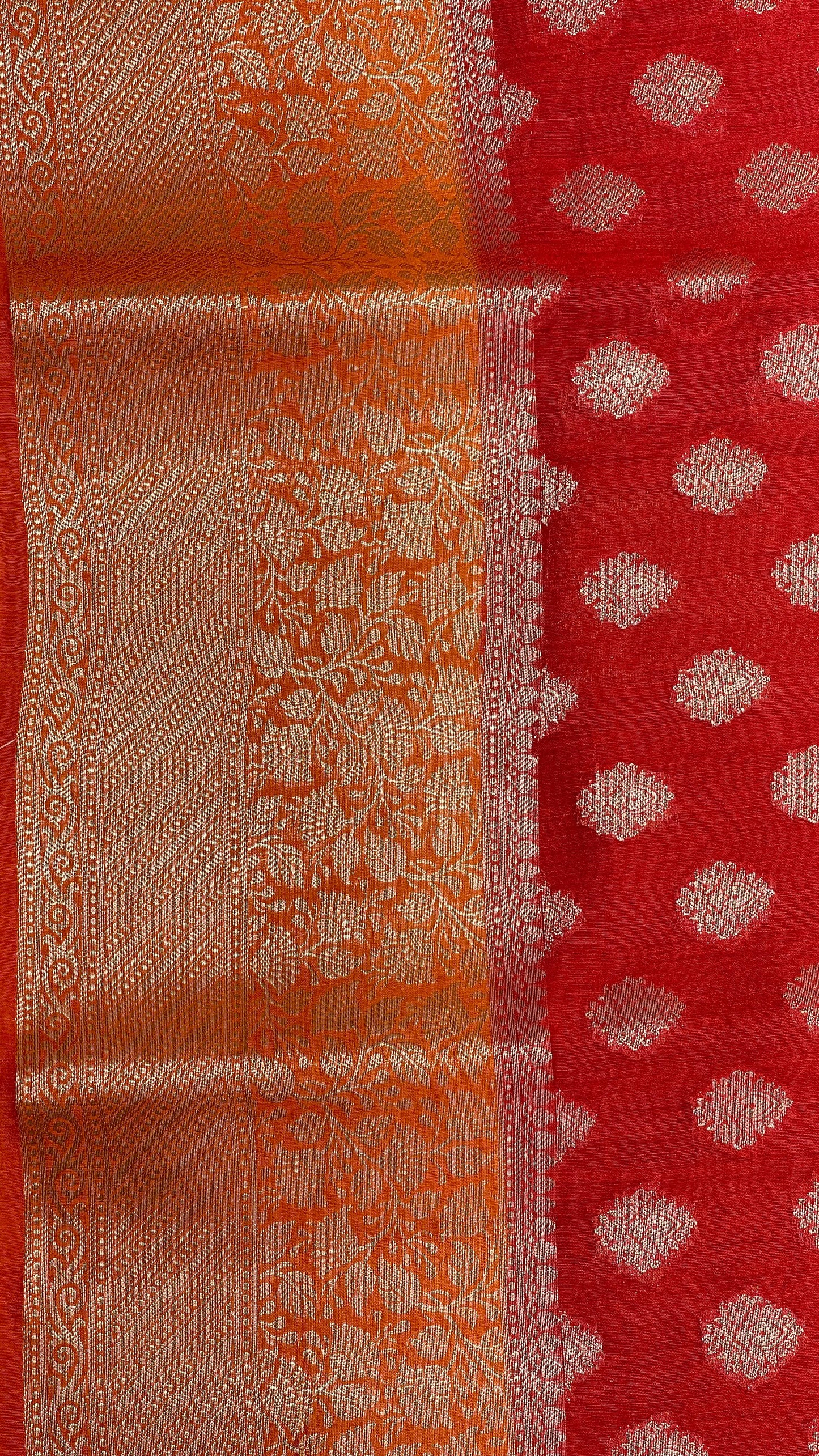 Faishana Pure Handloom Red Munga Silk Floral Gold Zari Booti with Contrast Orange Floral Jaal Pallu Skirt Dual Shade Zari Border with Orange Blouse