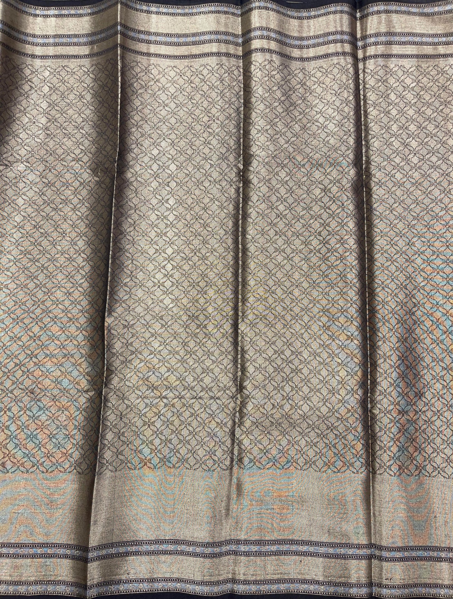 Faishana Pure Handloom Grey Munga Silk Floral Gold Zari Booti with Contrast Black Floral Jaal Skirt Dual Shade Mina Zari Border with Black Blouse