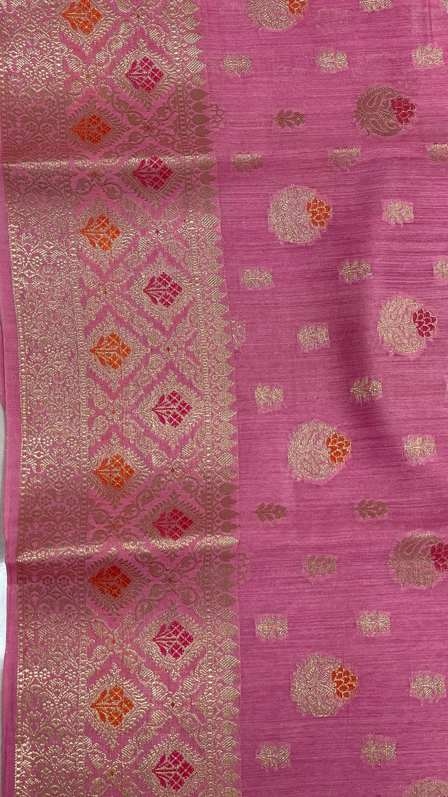Faishana Pure Handloom Baby Pink Munga Silk Floral Gold Zari Mina Booti with Minakari Jaal Pallu Zari Border with Baby Pink Blouse