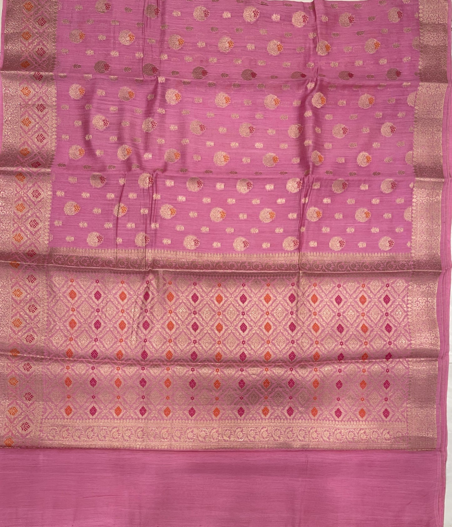 Faishana Pure Handloom Baby Pink Munga Silk Floral Gold Zari Mina Booti with Minakari Jaal Pallu Zari Border with Baby Pink Blouse