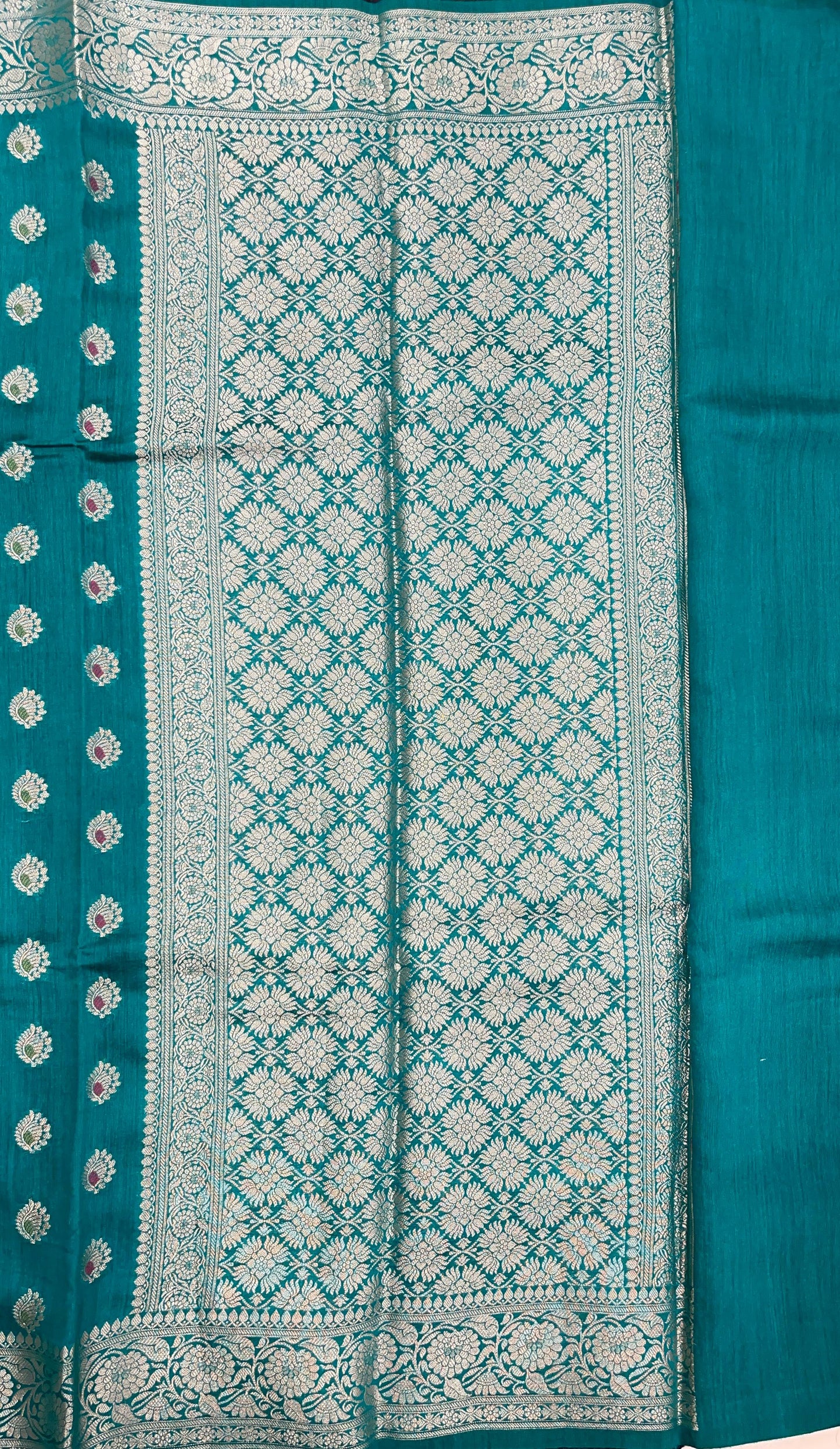 Faishana Pure Handloom Sea Green Munga Silk Floral Gold Mina Zari Booti with Banarasi Floral Jaal Pallu Zari Border with Sea Green Blouse