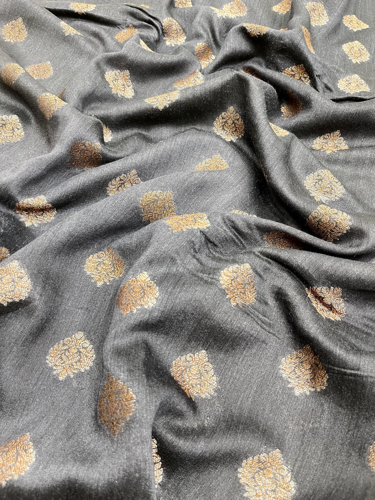 Faishana Pure Handloom Black Munga Silk Floral Copper Zari Booti with Banarasi Floral Pallu Zari Border and Black Blouse