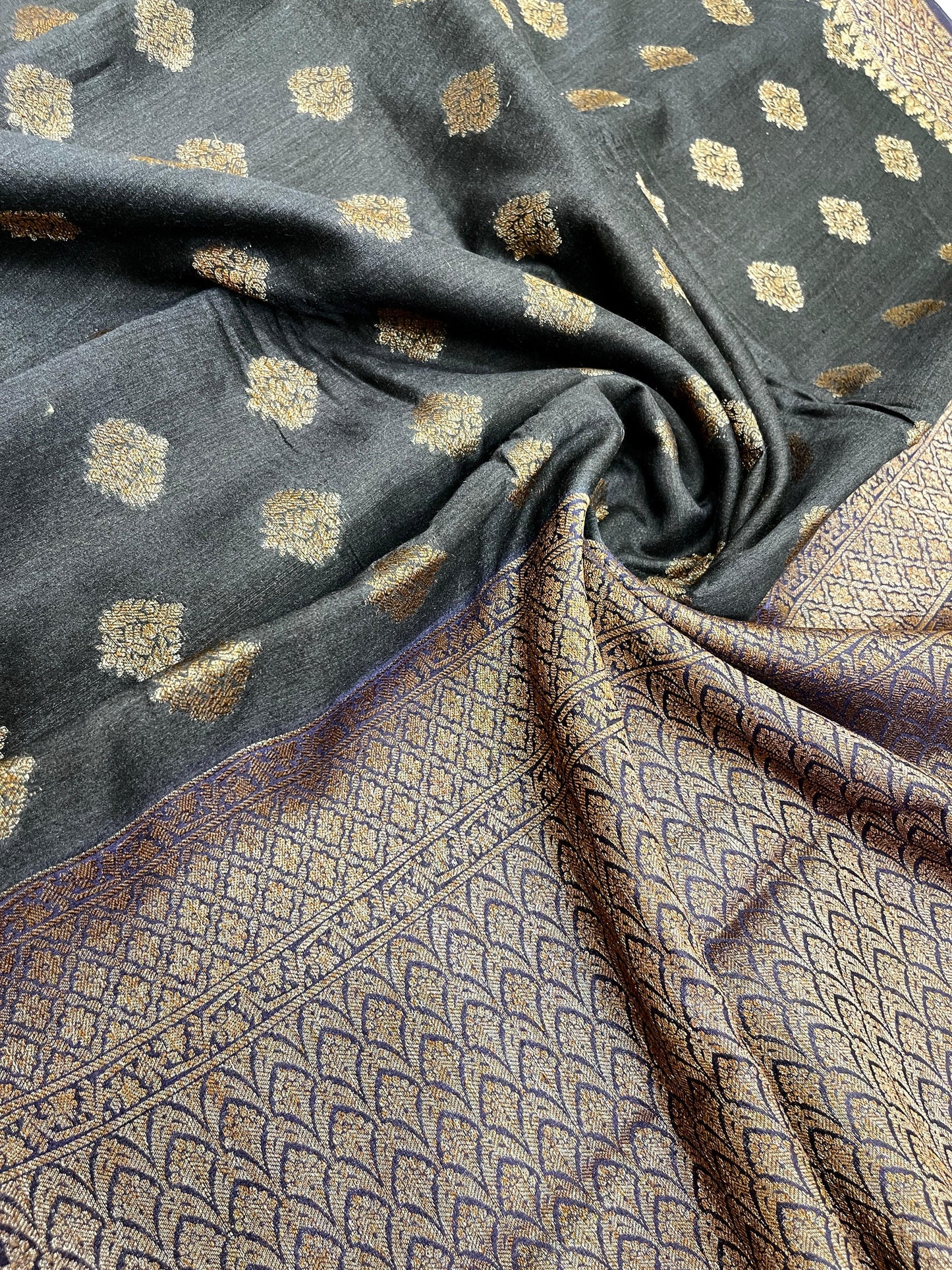 Faishana Pure Handloom Black Munga Silk Floral Copper Zari Booti with Banarasi Floral Pallu Zari Border and Black Blouse