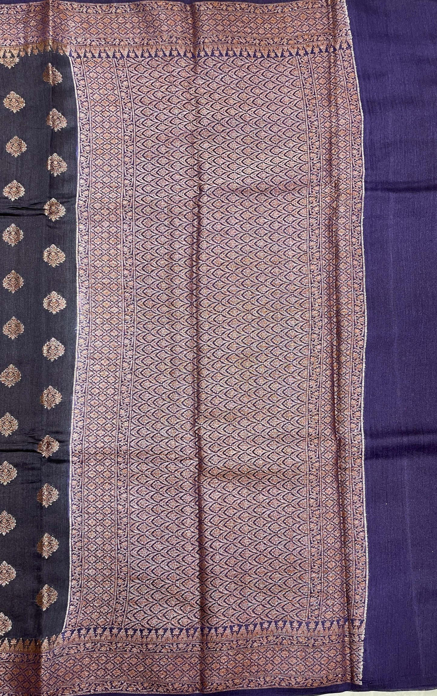 Faishana Pure Handloom Black Munga Silk Floral Copper Zari Booti with Banarasi Floral Pallu Zari Border and Black Blouse