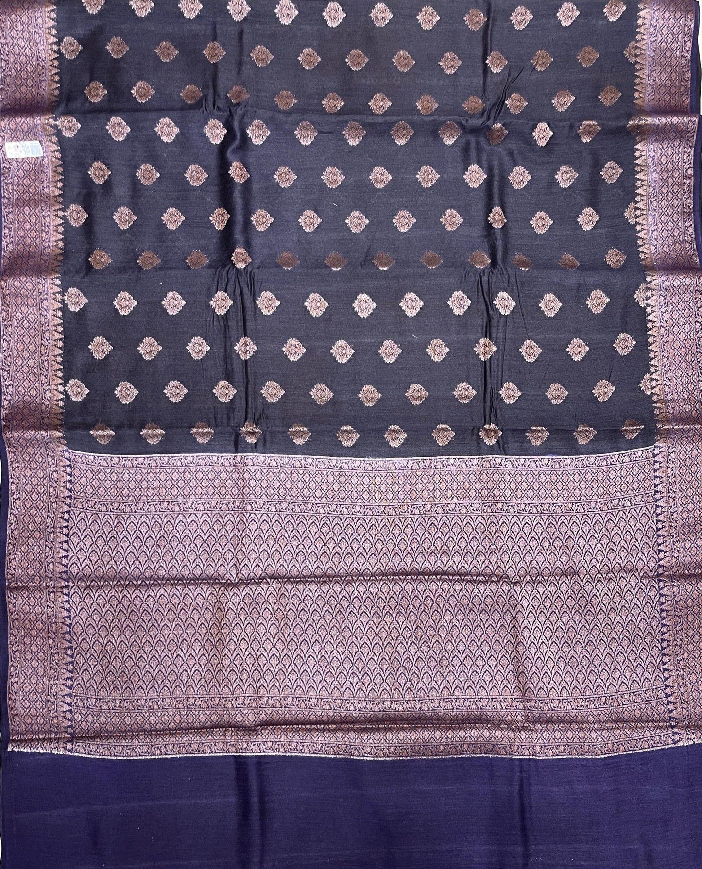 Faishana Pure Handloom Black Munga Silk Floral Copper Zari Booti with Banarasi Floral Pallu Zari Border and Black Blouse
