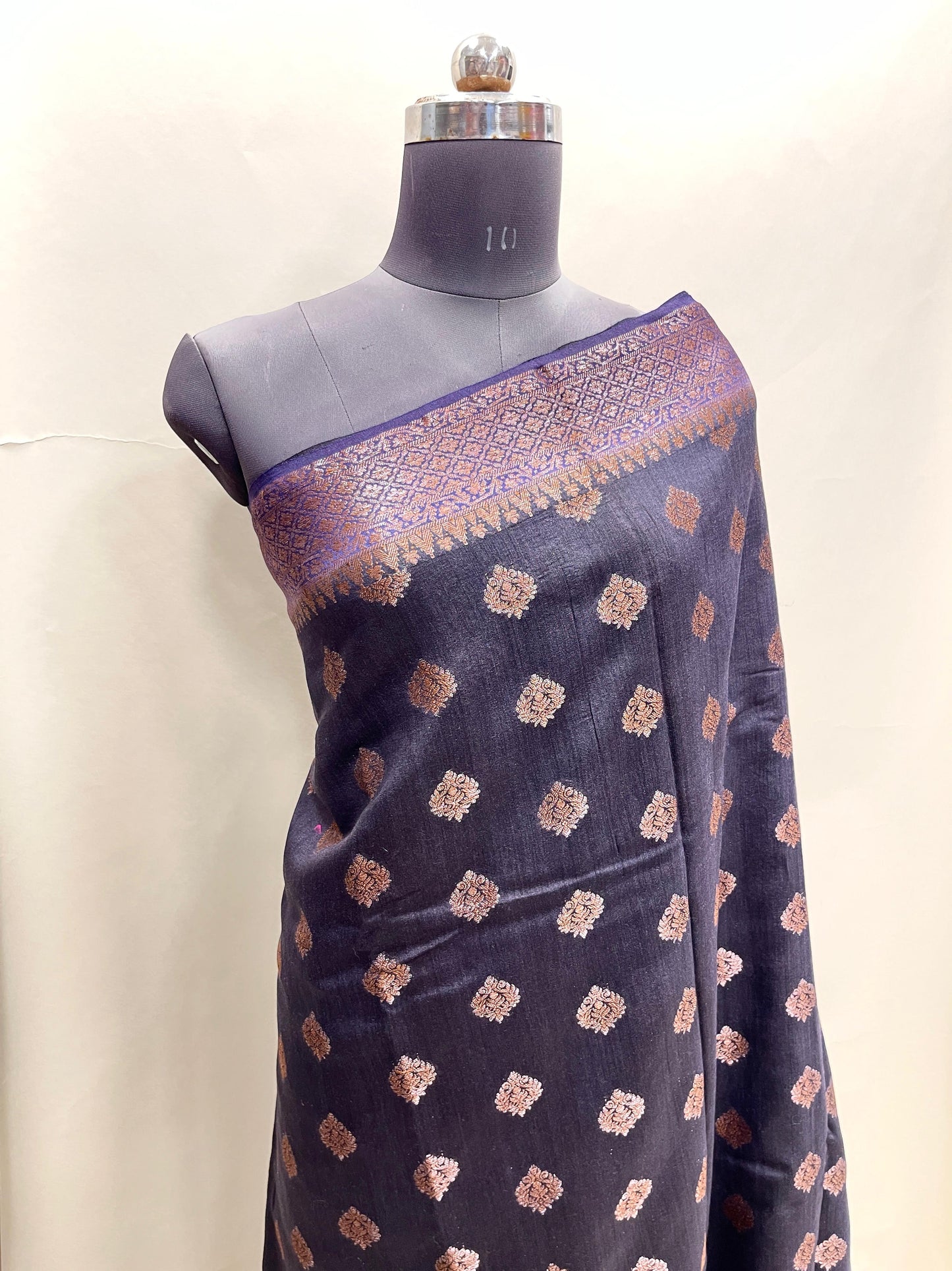 Faishana Pure Handloom Black Munga Silk Floral Copper Zari Booti with Banarasi Floral Pallu Zari Border and Black Blouse