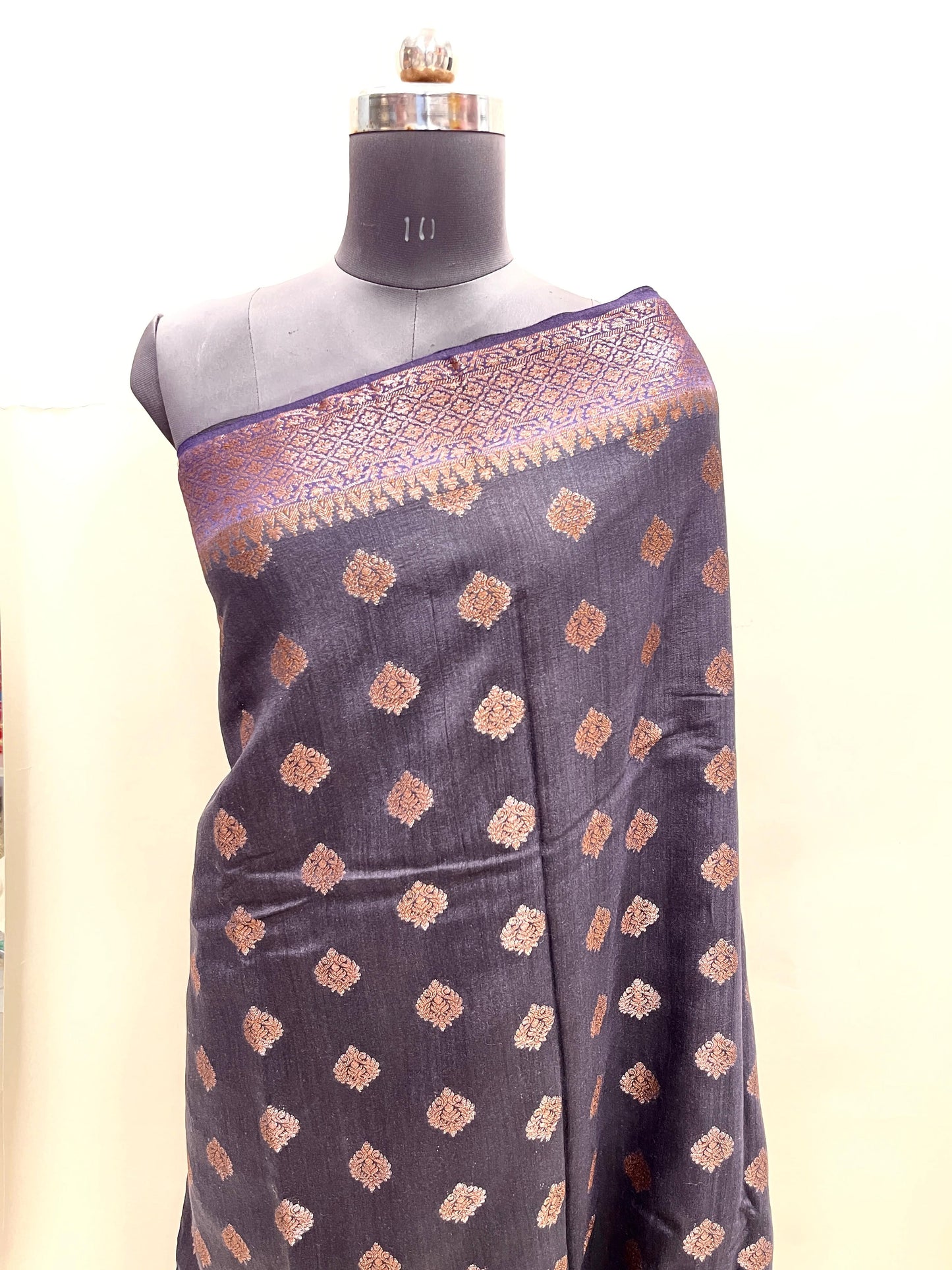 Faishana Pure Handloom Black Munga Silk Floral Copper Zari Booti with Banarasi Floral Pallu Zari Border and Black Blouse