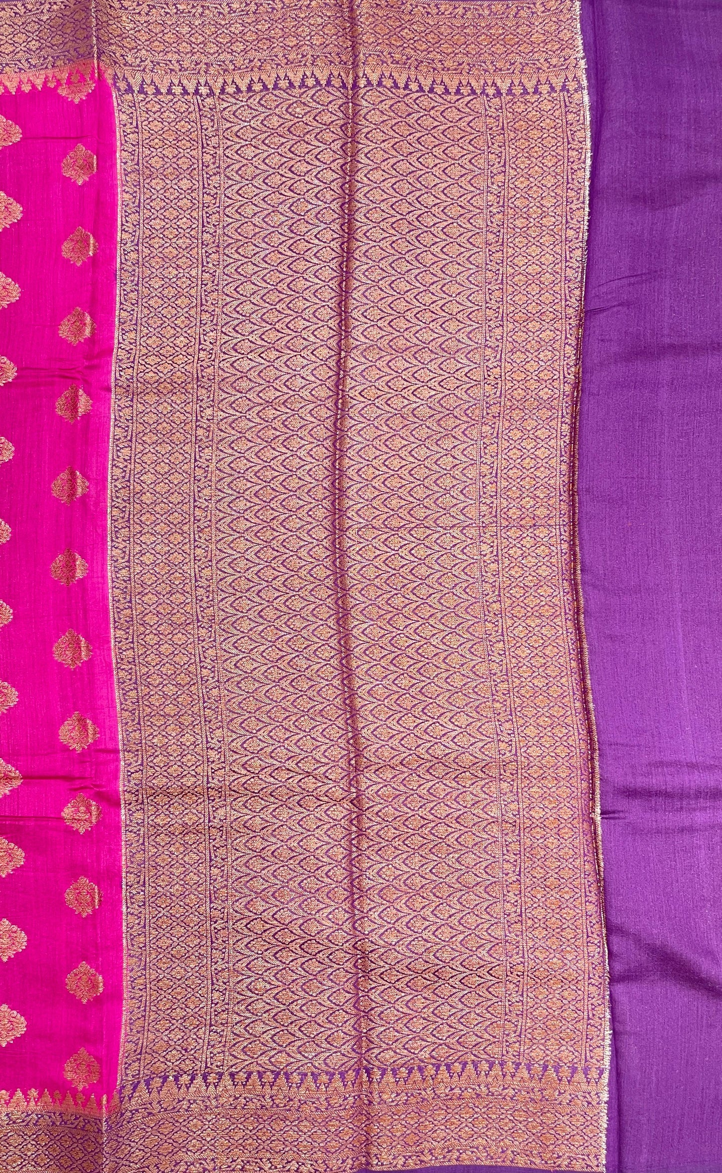 Faishana Pure Handloom Magenta Munga Silk Floral Copper Zari Booti with Contrast Purple Banarasi Floral Pallu Zari Border and Purple Blouse