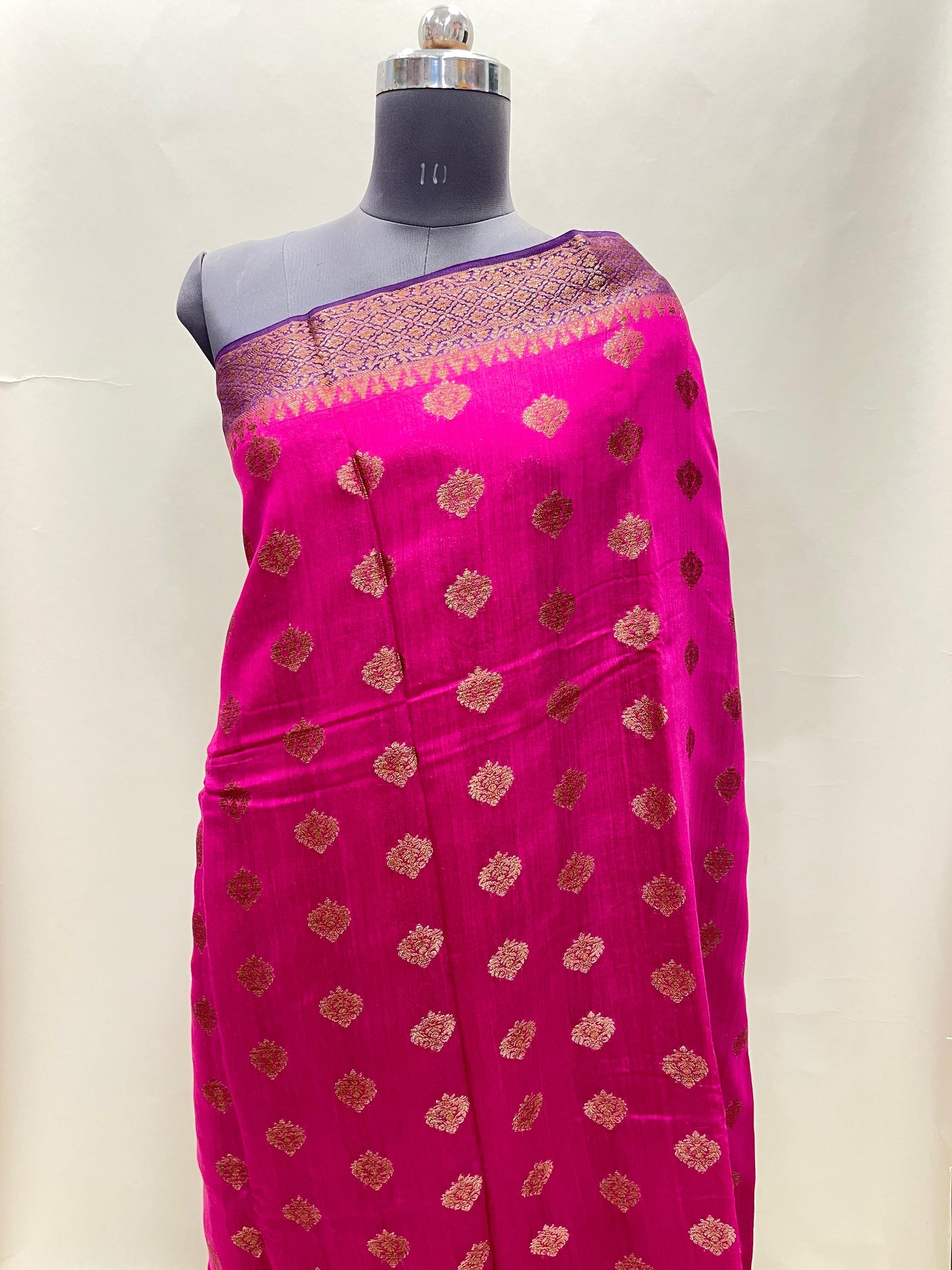 Faishana Pure Handloom Magenta Munga Silk Floral Copper Zari Booti with Contrast Purple Banarasi Floral Pallu Zari Border and Purple Blouse
