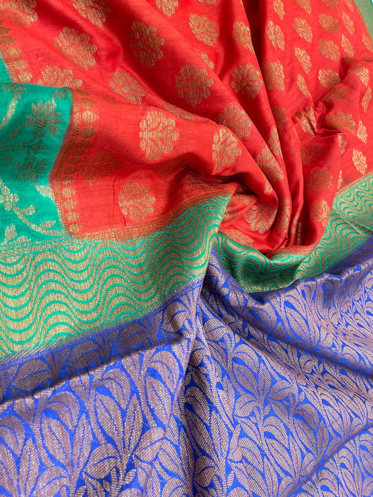 Faishana Pure Handloom Red Munga Silk Floral Copper Zari Booti with Contrast Blue Jaal Skirt Dual Shade Green Floral Zari Border and Blue Blouse