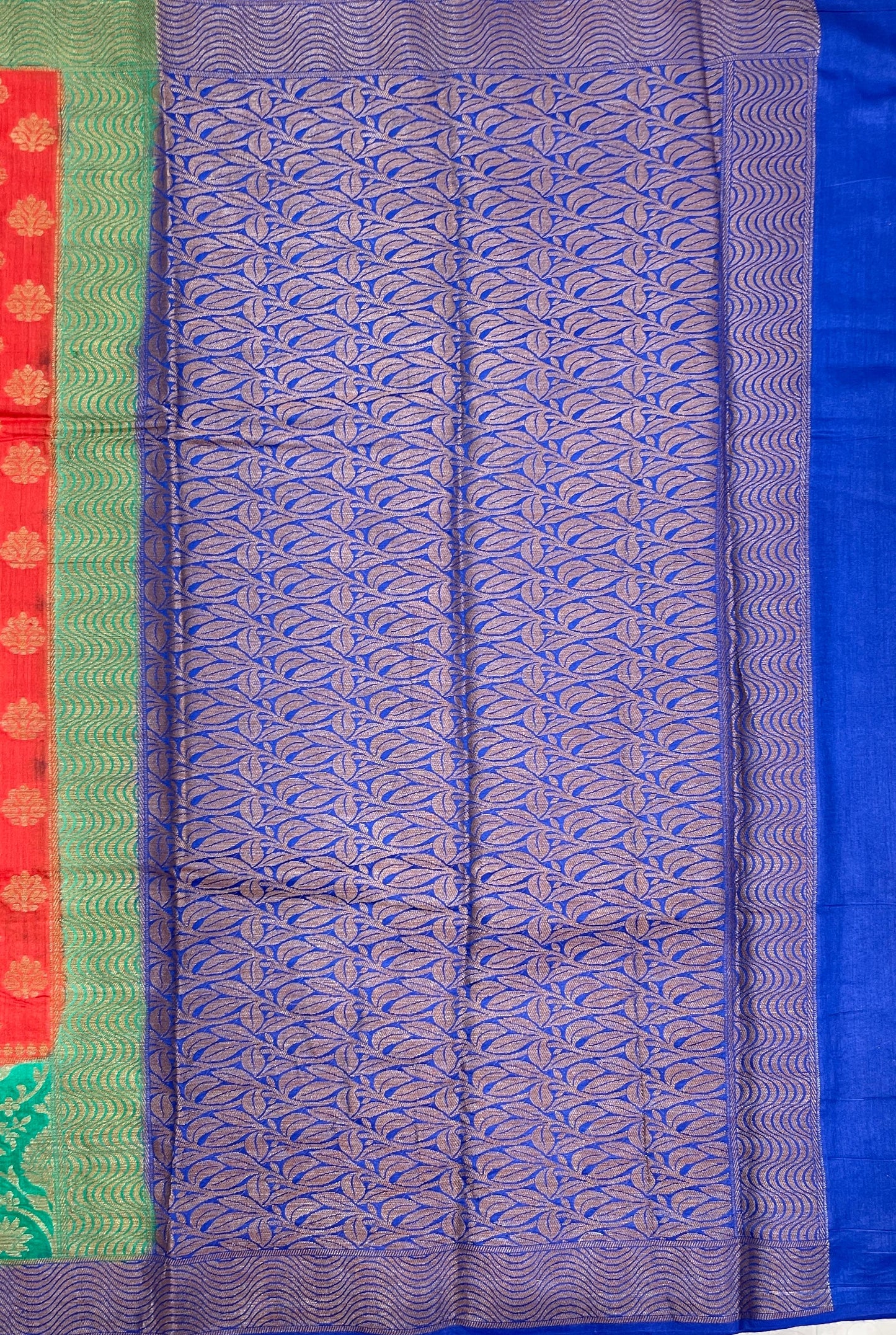Faishana Pure Handloom Red Munga Silk Floral Copper Zari Booti with Contrast Blue Jaal Skirt Dual Shade Green Floral Zari Border and Blue Blouse