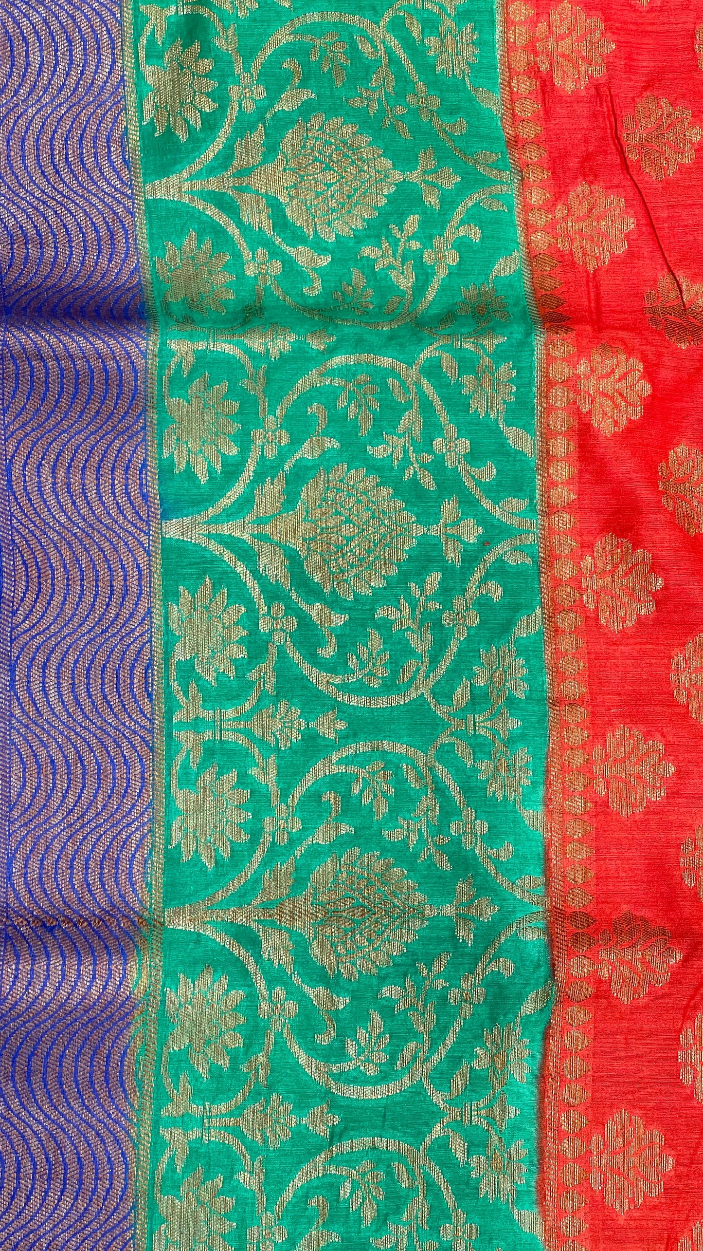 Faishana Pure Handloom Red Munga Silk Floral Copper Zari Booti with Contrast Blue Jaal Skirt Dual Shade Green Floral Zari Border and Blue Blouse