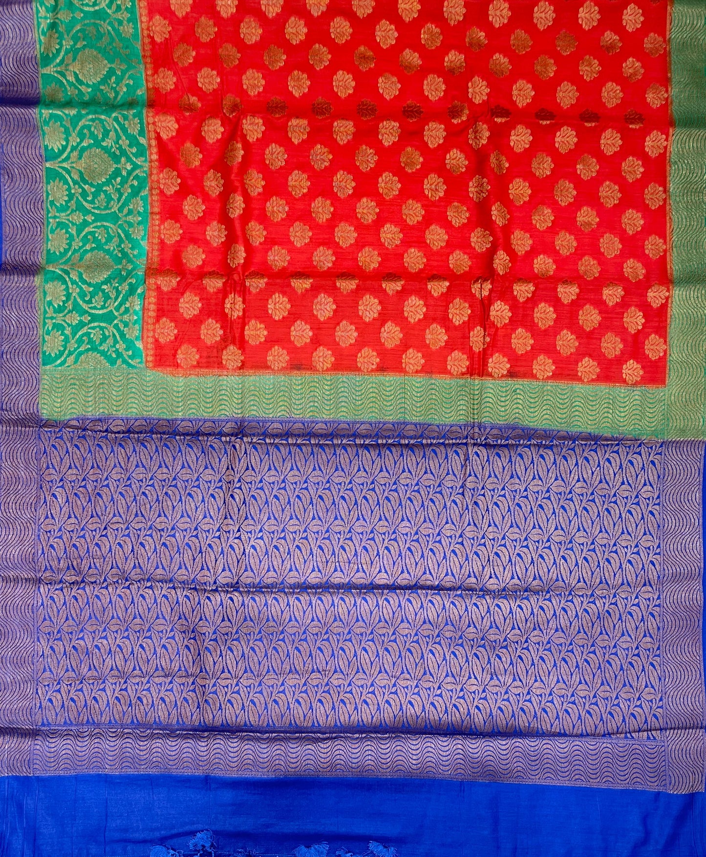 Faishana Pure Handloom Red Munga Silk Floral Copper Zari Booti with Contrast Blue Jaal Skirt Dual Shade Green Floral Zari Border and Blue Blouse
